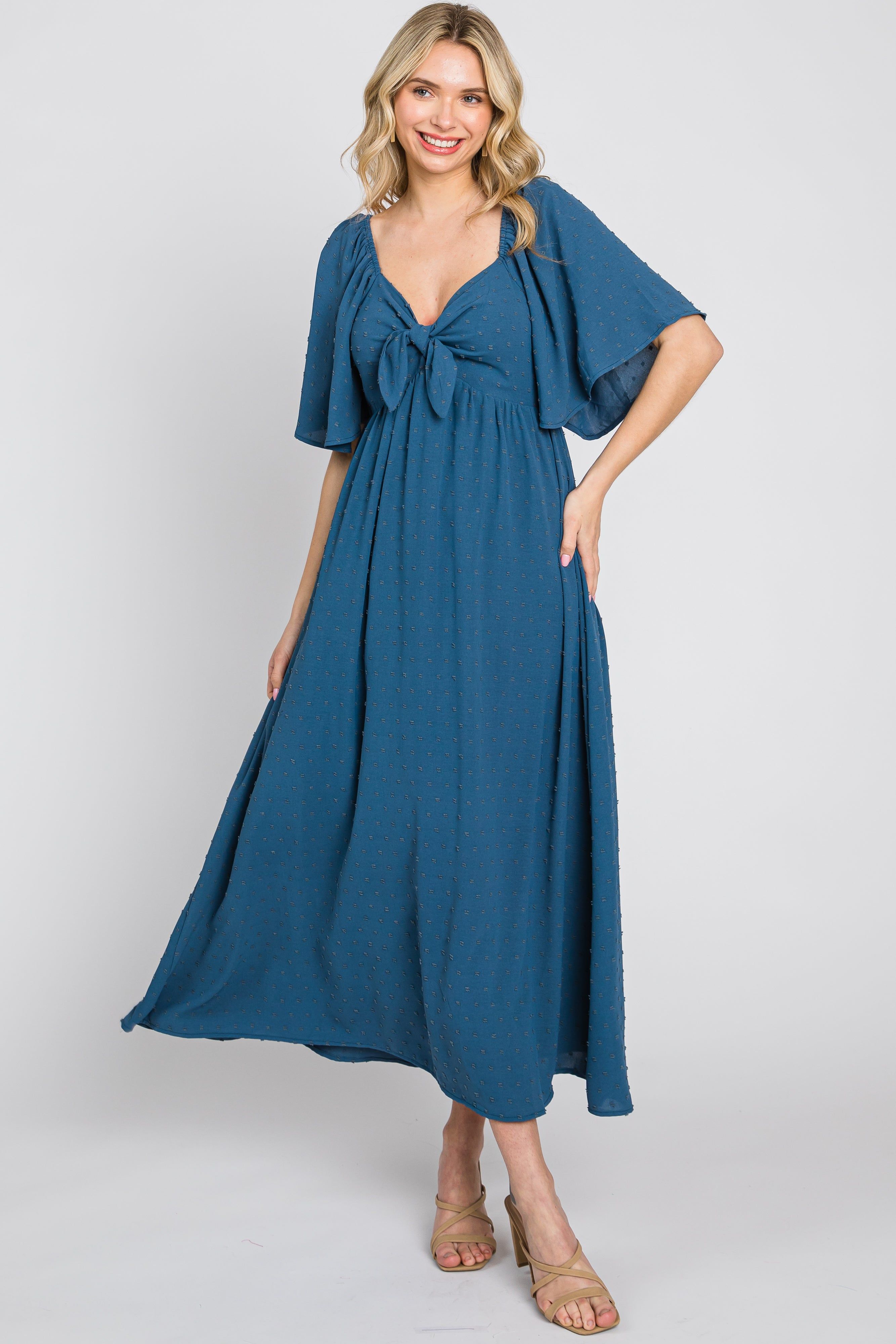 Navy Blue Textured Dot Front Tie Ruffle Sleeve Midi Dress sold by Pinkblush product image thumbnail 2