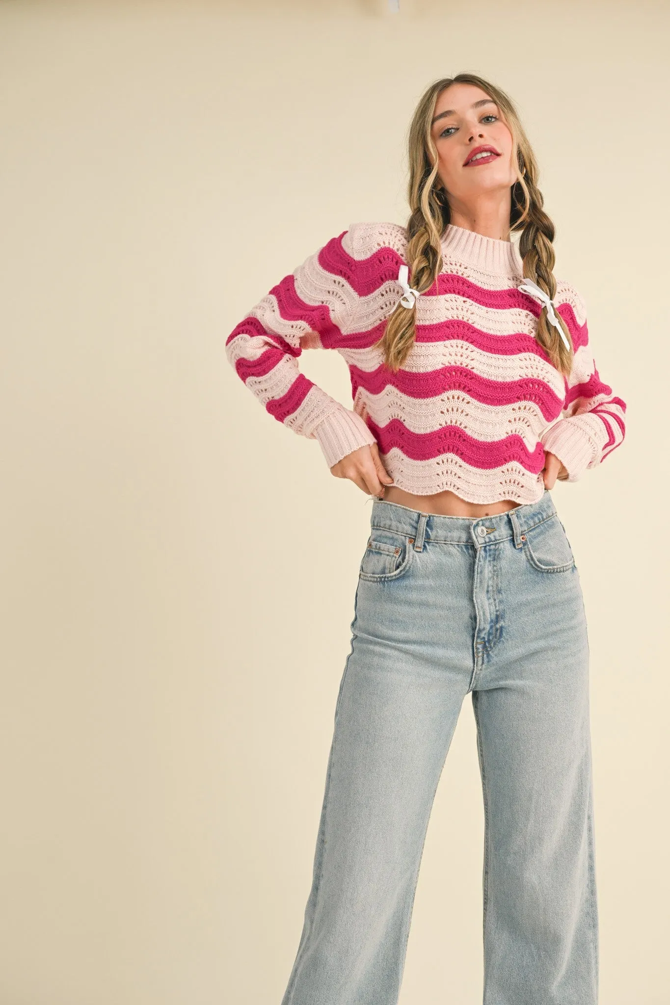 Blush Hot Pink Wave Pattern Pointelle Sweater sold by Pinkblush product image thumbnail 5