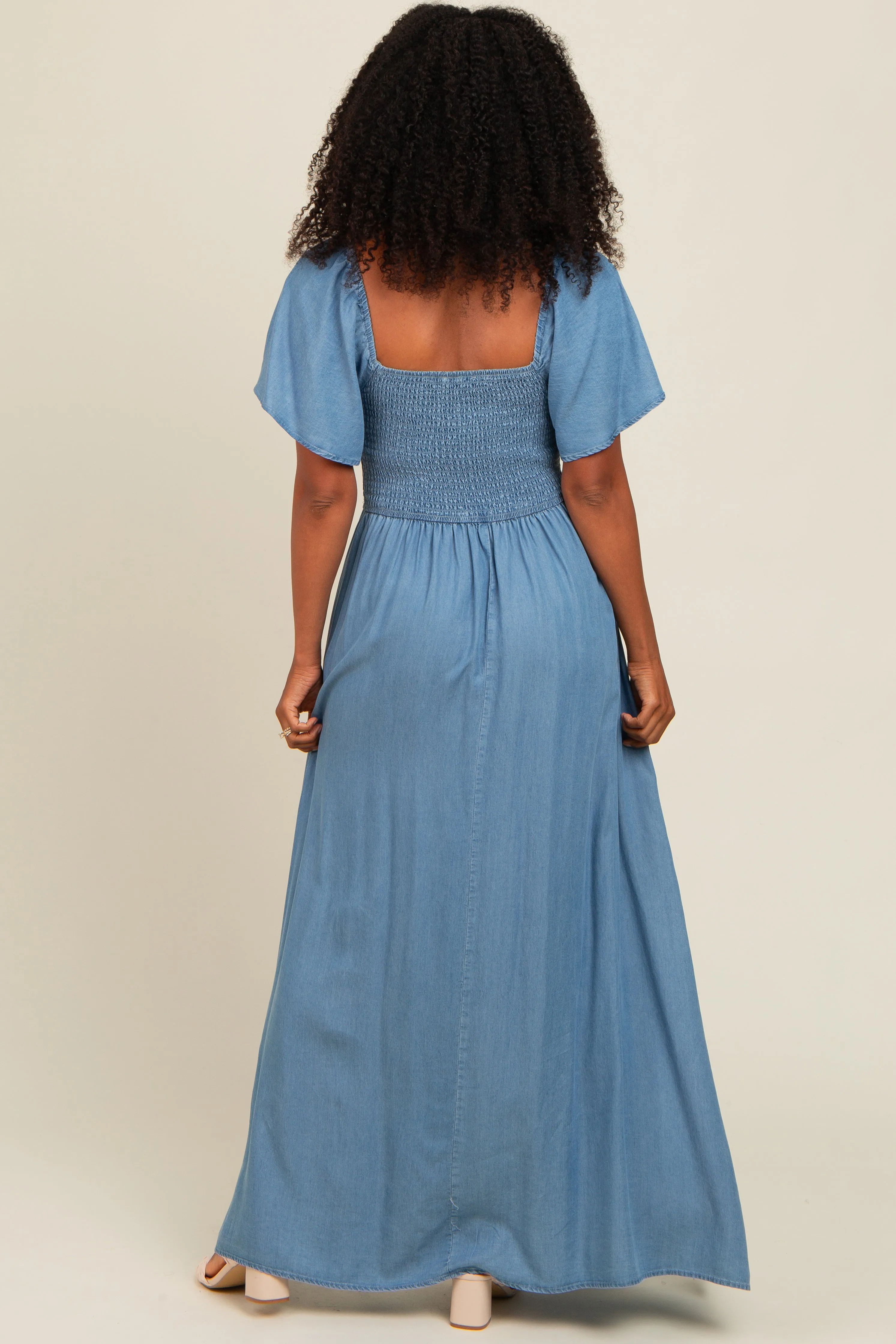 Light Blue Chambray Smocked Maxi Dress sold by Pinkblush product image thumbnail 4