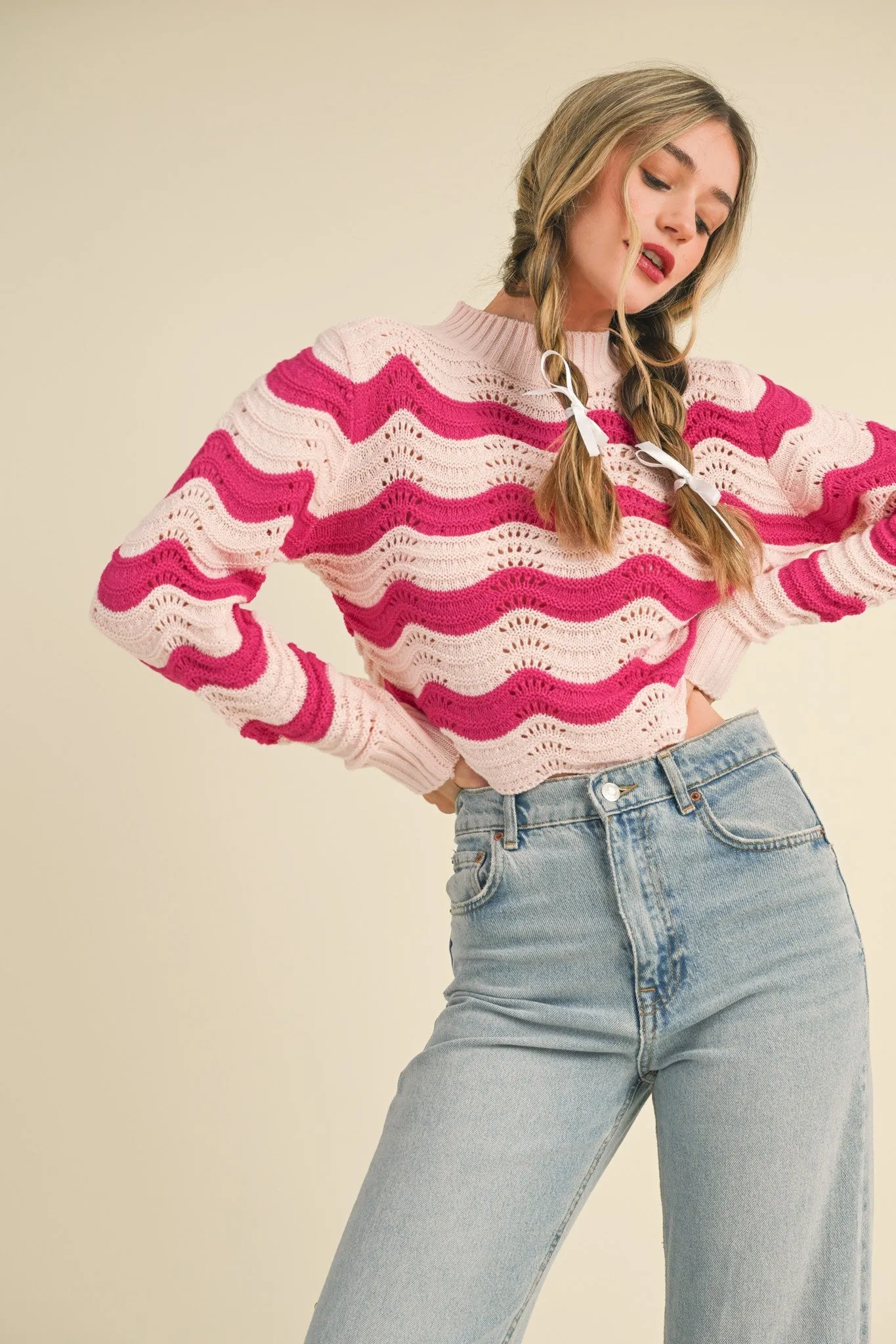 Blush Hot Pink Wave Pattern Pointelle Sweater sold by Pinkblush product image thumbnail 2