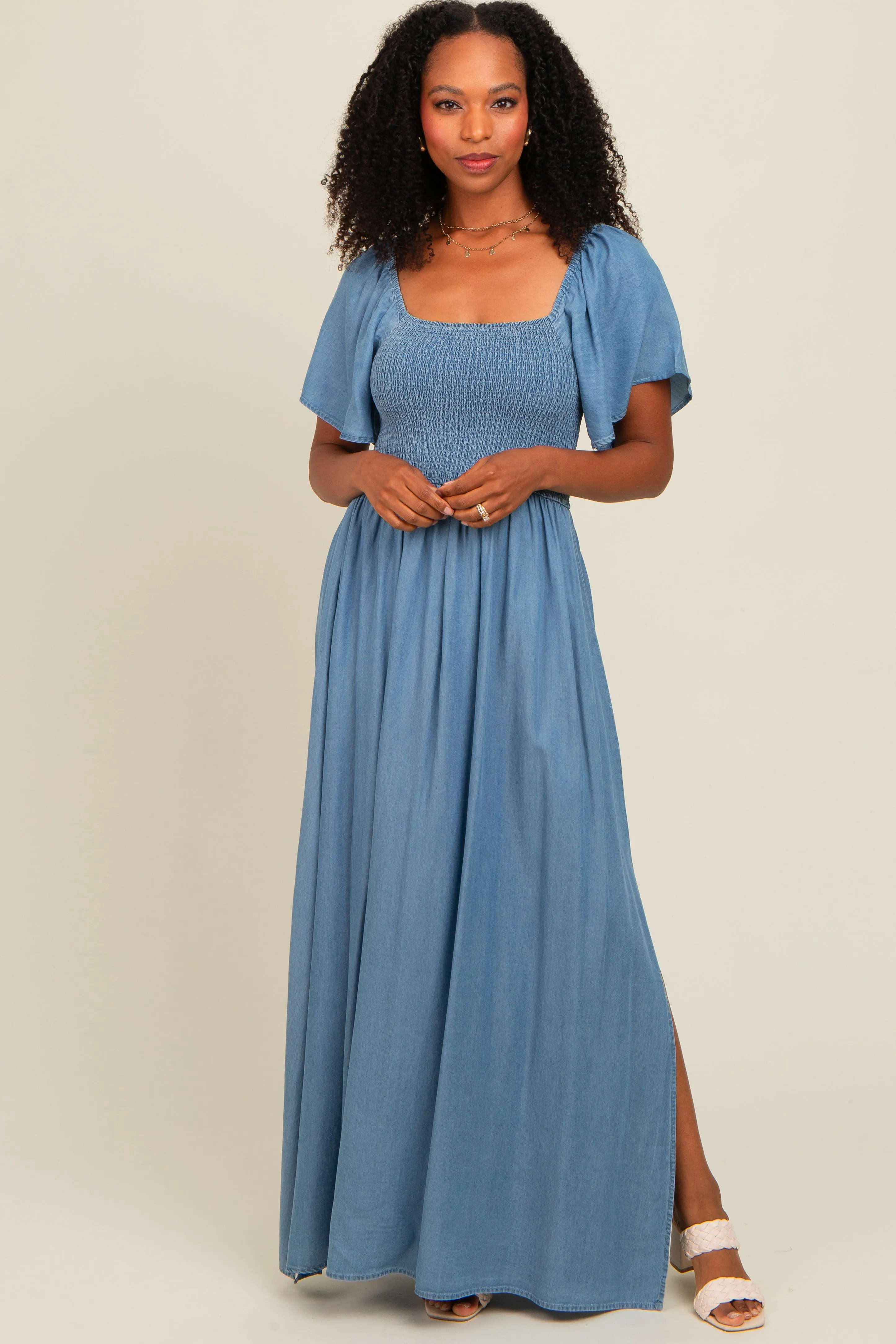 Light Blue Chambray Smocked Maxi Dress sold by Pinkblush