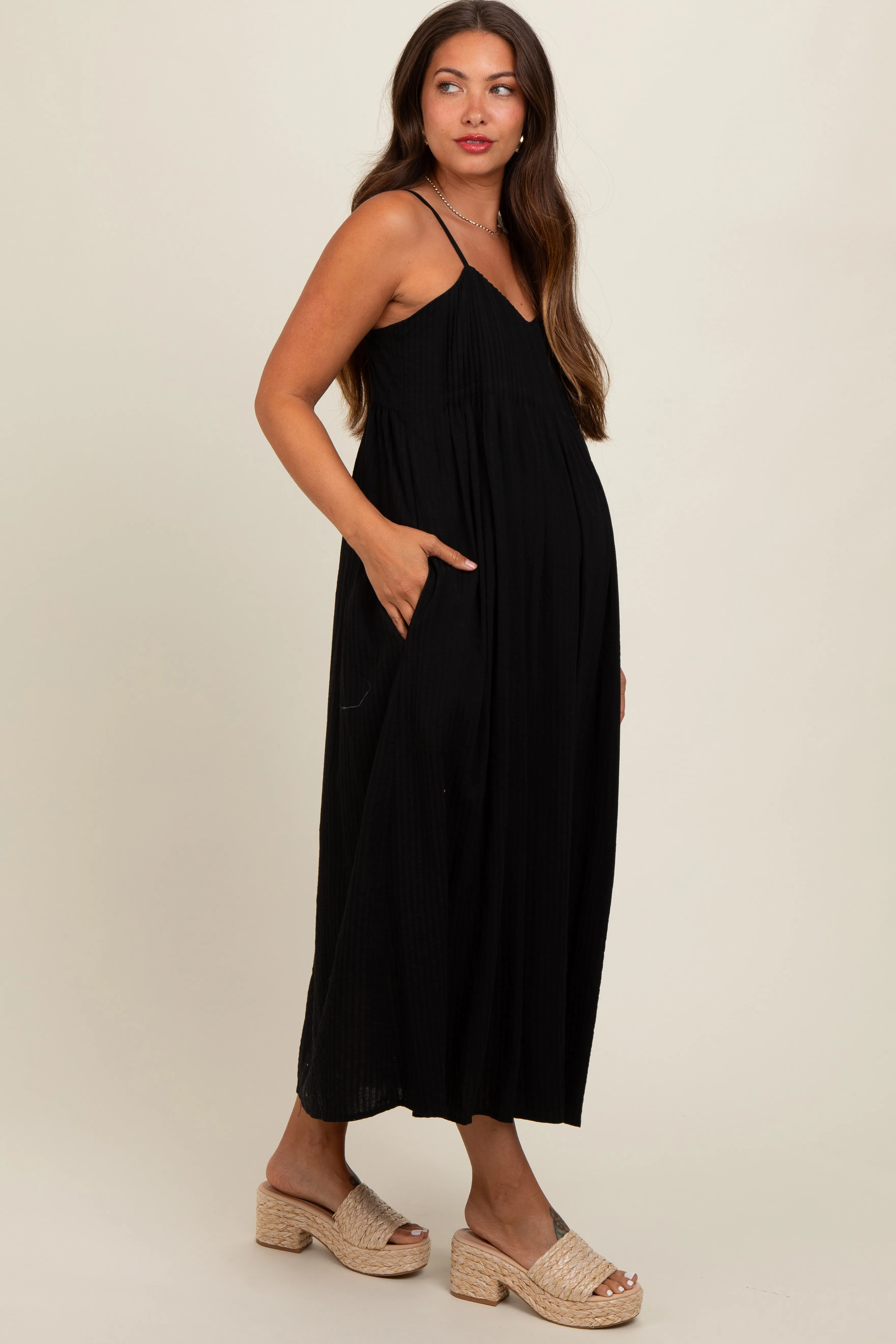 Black Striped V-Neck Sleeveless Side Pocket Maternity Dress sold by Pinkblush product image thumbnail 2