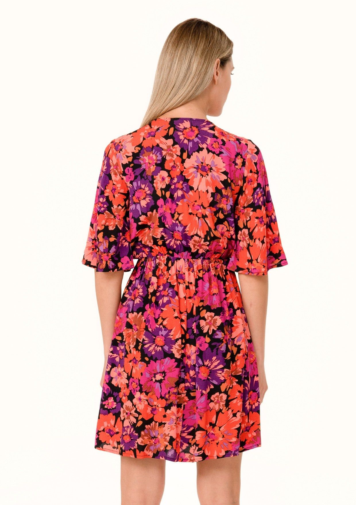 Black Floral Short Flutter Sleeve V-Neck Dress sold by Pinkblush product image thumbnail 3
