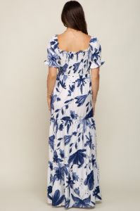 Ivory Floral Smocked Front Tie Short Puff Sleeve Maternity Maxi Dress sold by Pinkblush