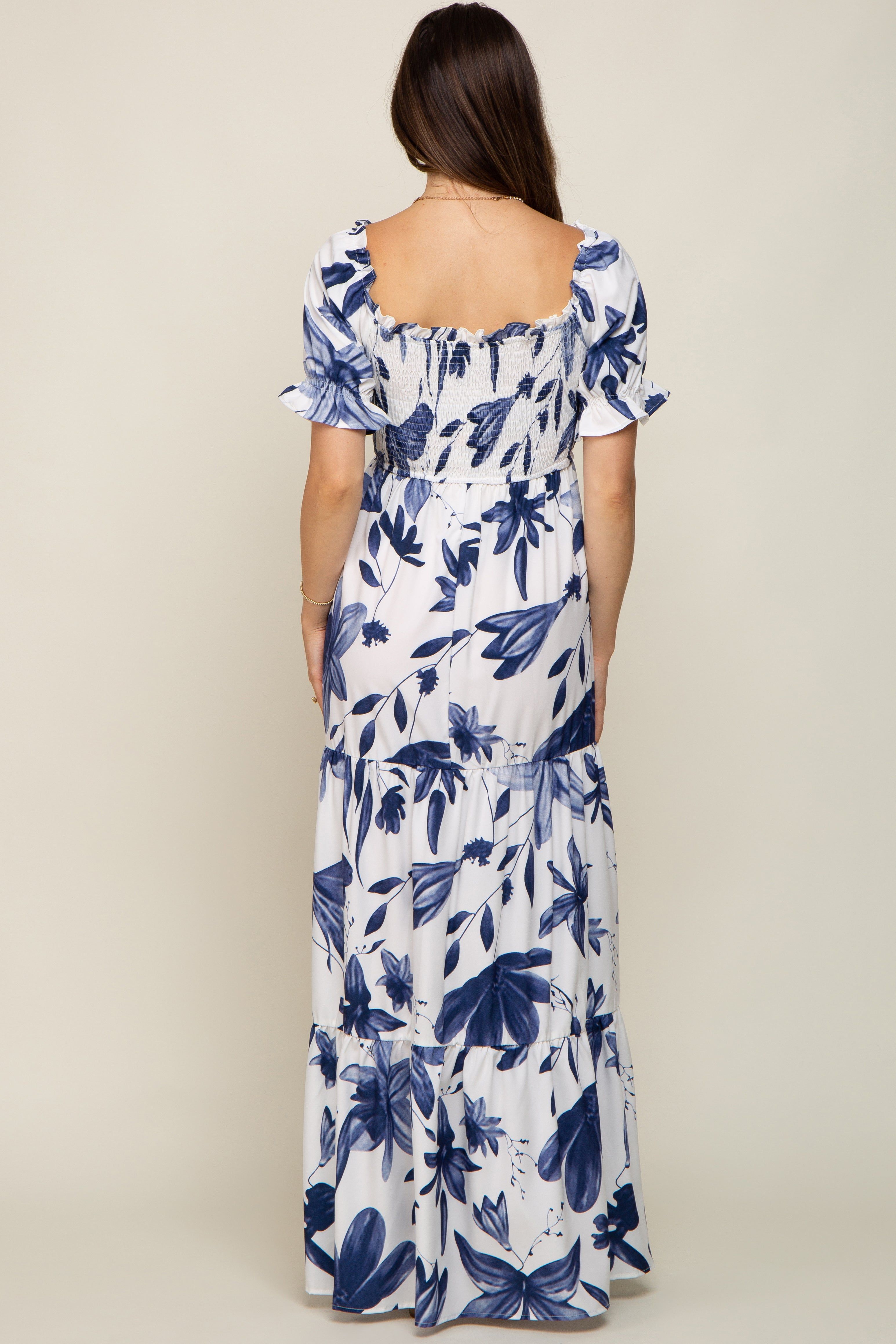 Ivory Floral Smocked Front Tie Short Puff Sleeve Maternity Maxi Dress sold by Pinkblush product image thumbnail 3