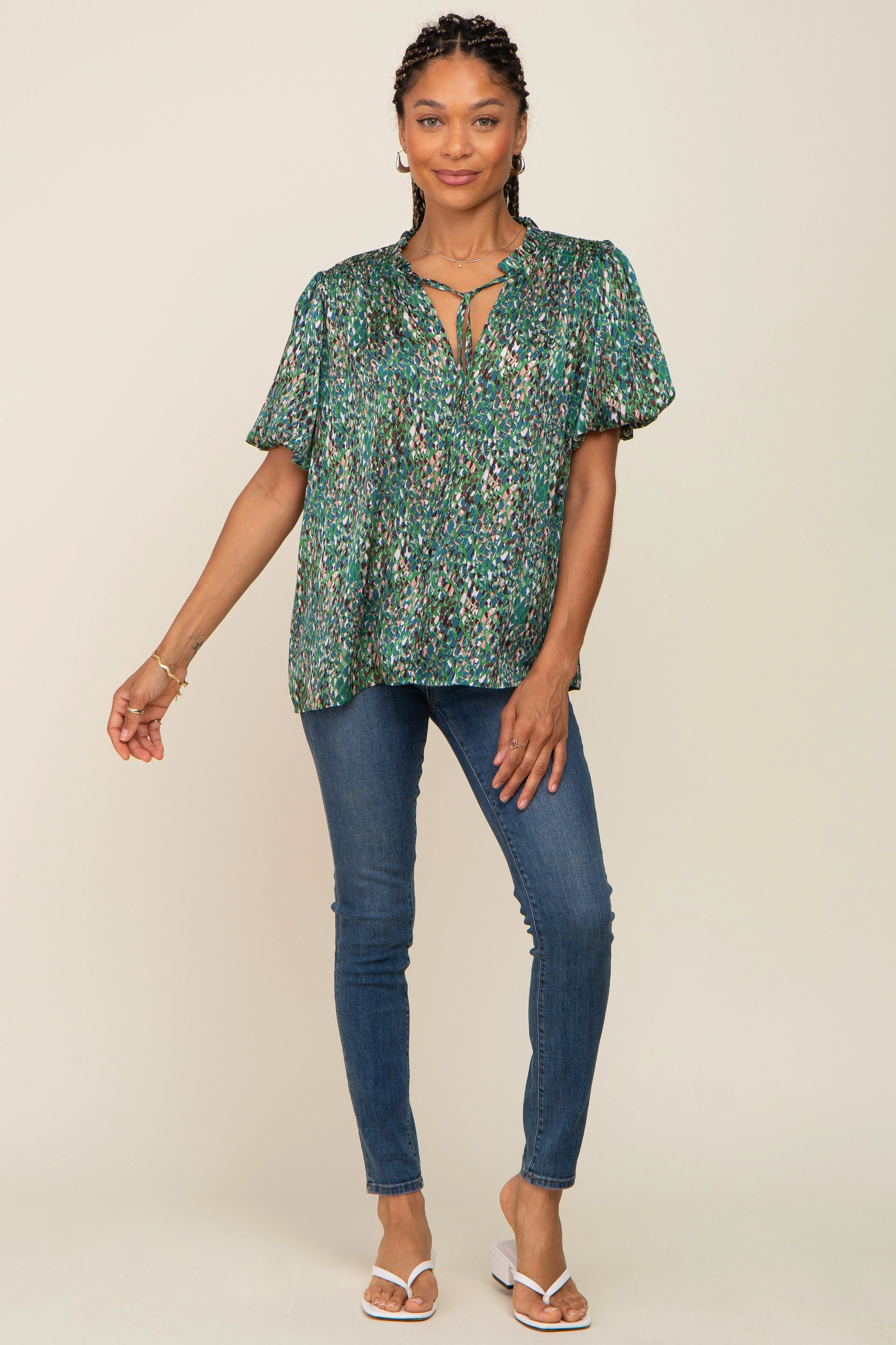 Green Printed Front Tie Puff Sleeve Blouse sold by Pinkblush product image thumbnail 5