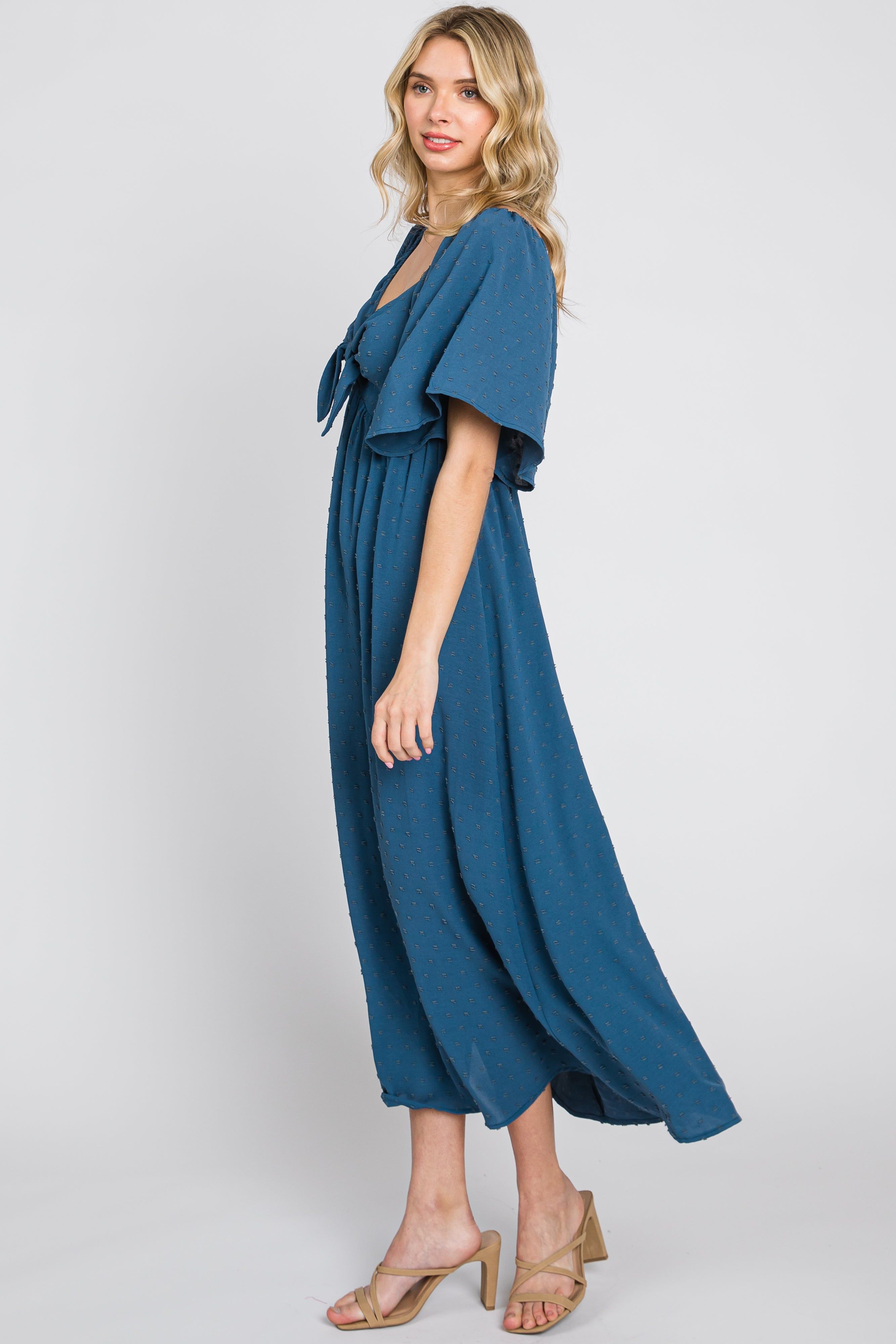 Navy Blue Textured Dot Front Tie Ruffle Sleeve Midi Dress sold by Pinkblush product image thumbnail 3