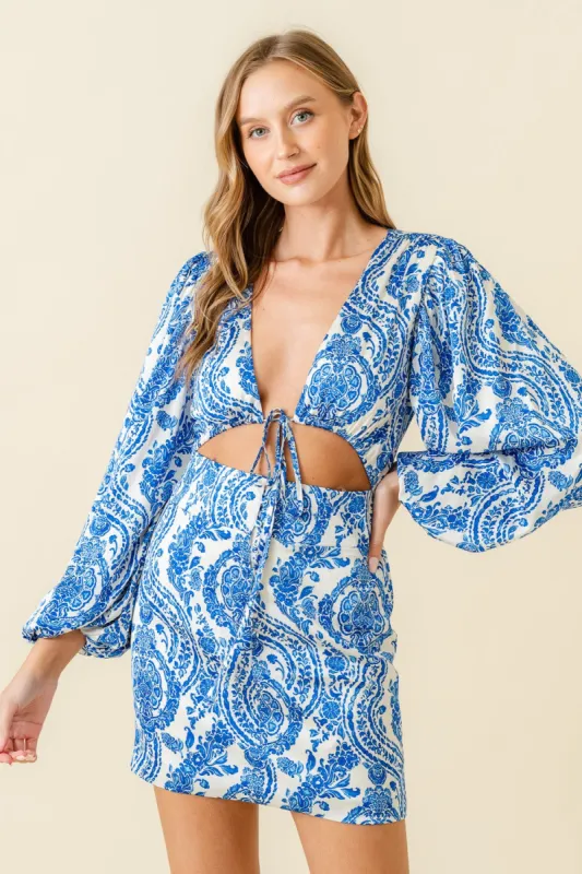 Ivory Blue Paisley Print Balloon Sleeve Mini Dress sold by Pinkblush