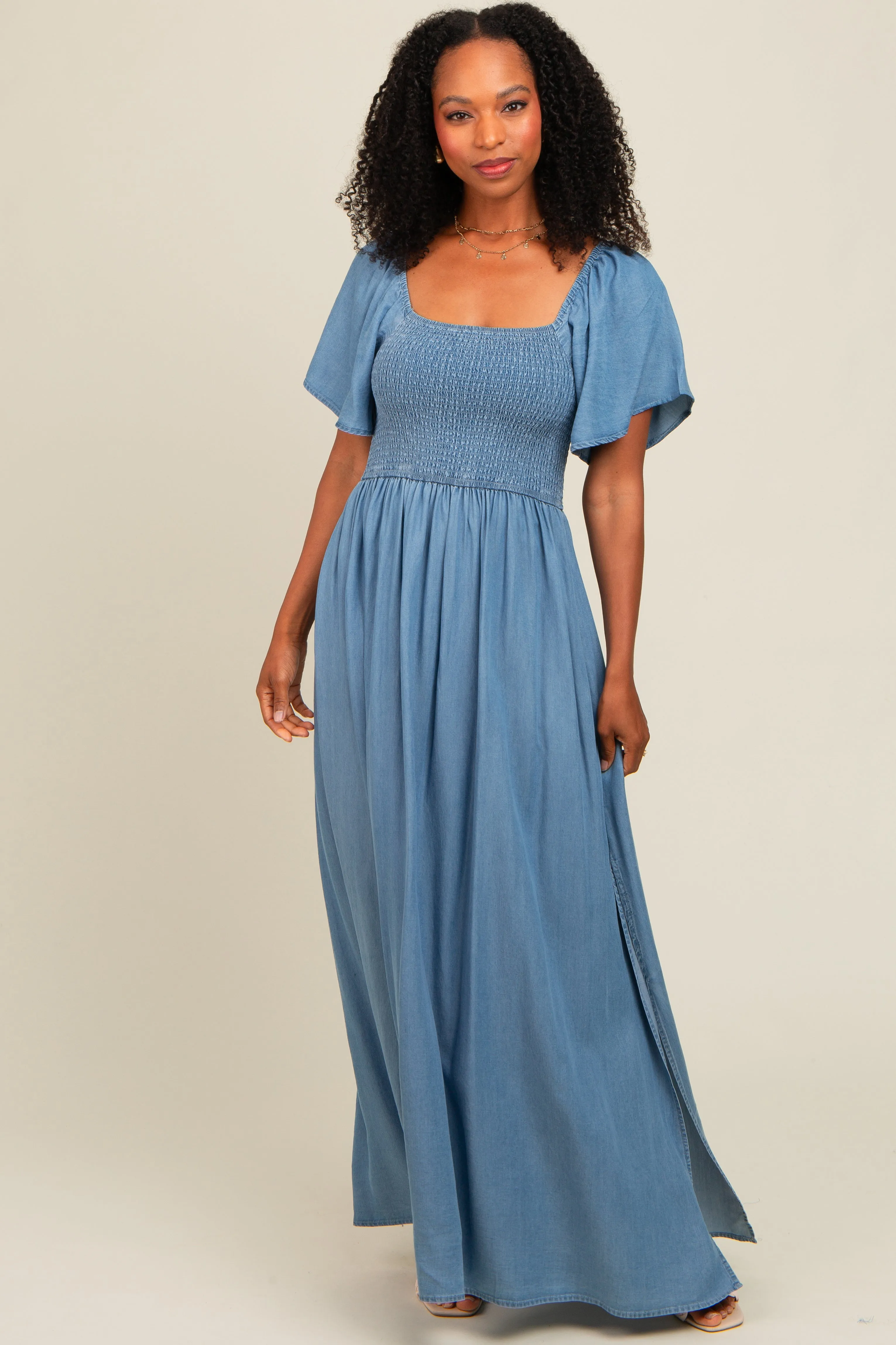 Light Blue Chambray Smocked Maxi Dress sold by Pinkblush product image thumbnail 2