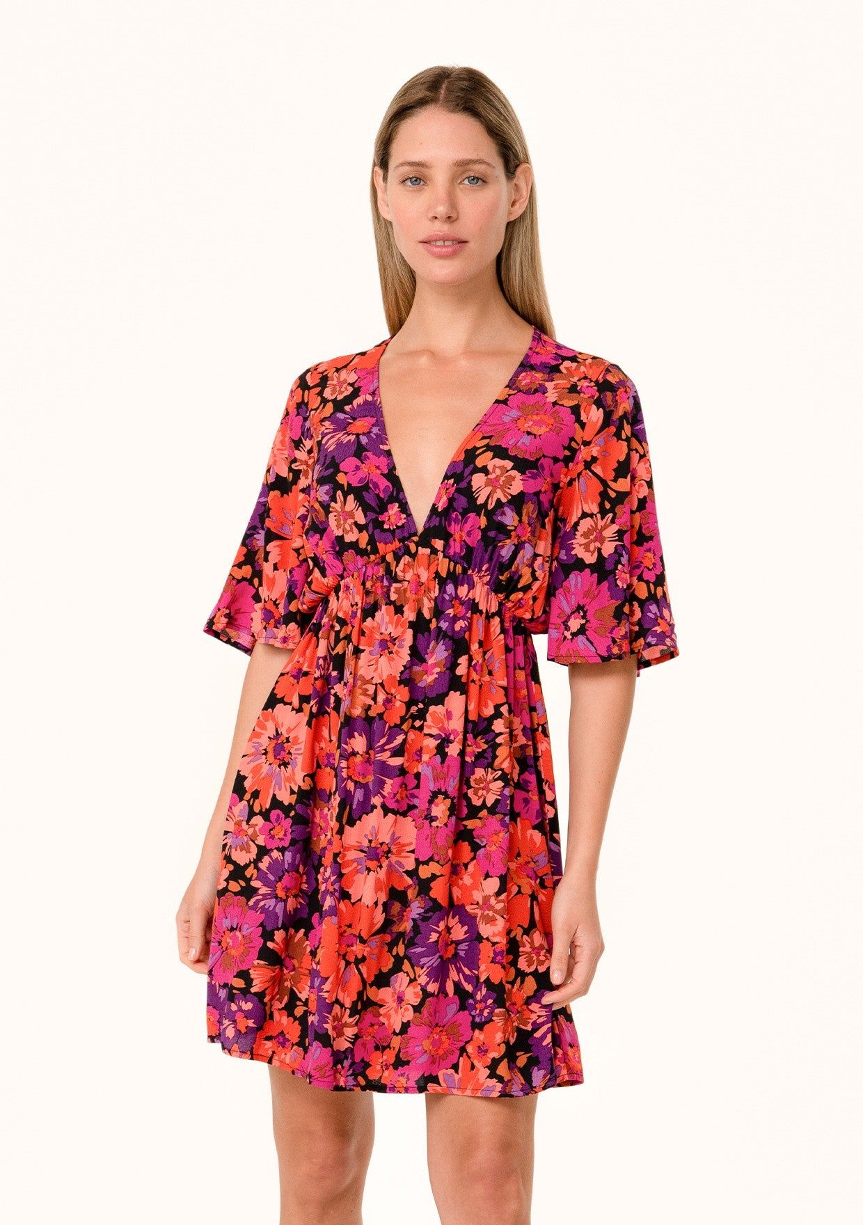 Black Floral Short Flutter Sleeve V-Neck Dress sold by Pinkblush