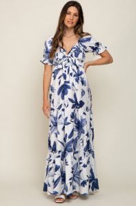 Ivory Floral Smocked Front Tie Short Puff Sleeve Maternity Maxi Dress sold by Pinkblush