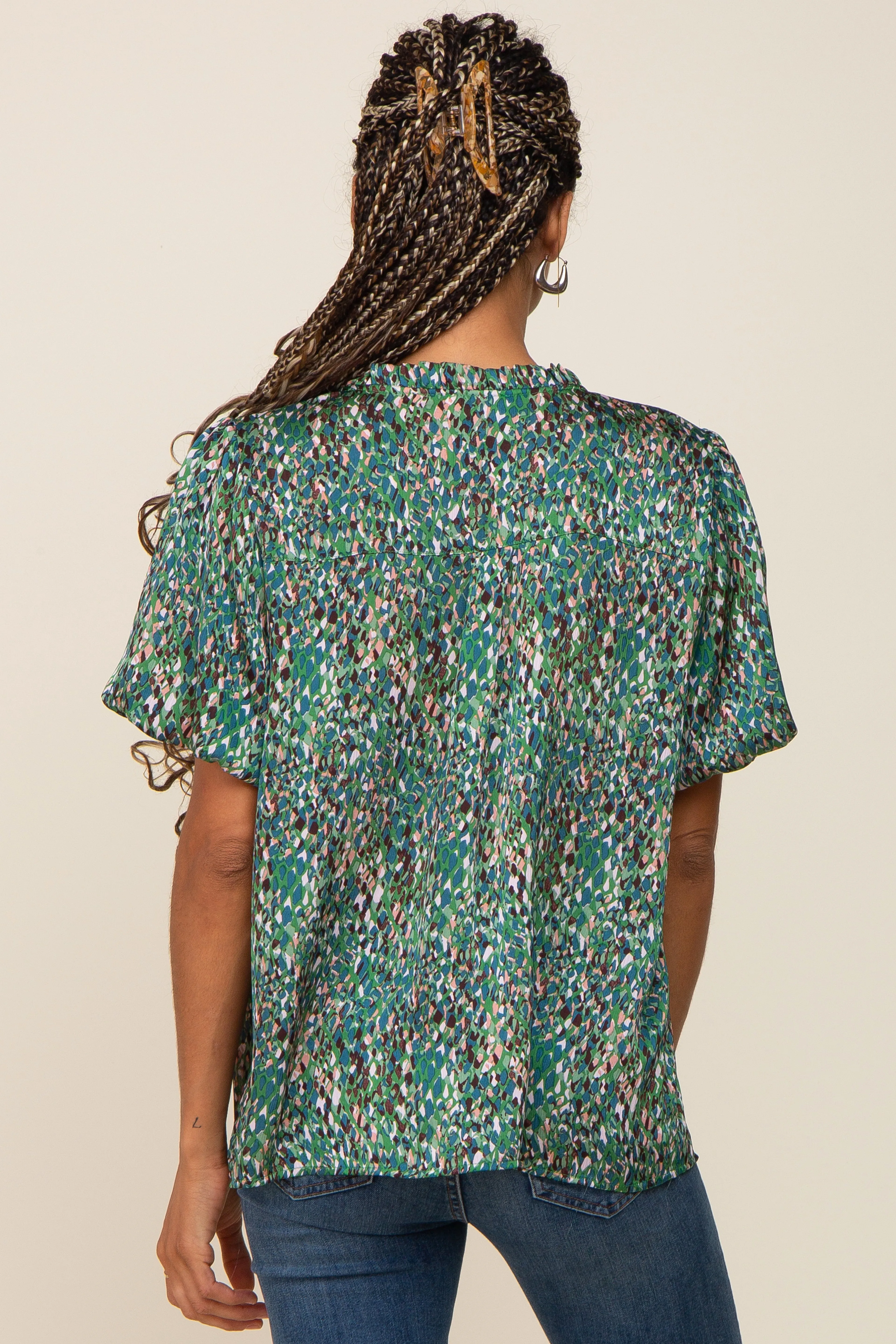 Green Printed Front Tie Puff Sleeve Blouse sold by Pinkblush product image thumbnail 3