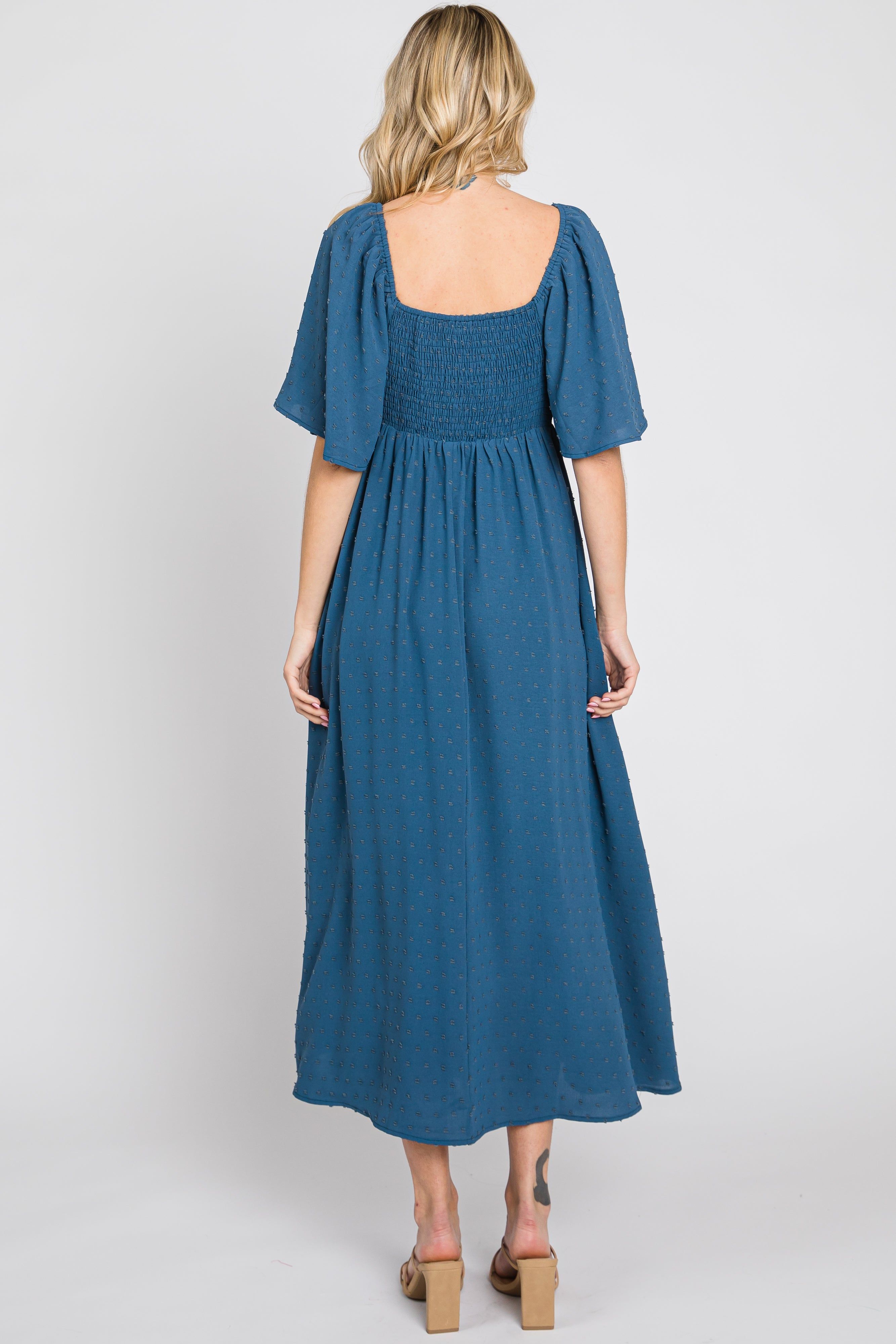 Navy Blue Textured Dot Front Tie Ruffle Sleeve Midi Dress sold by Pinkblush product image thumbnail 4