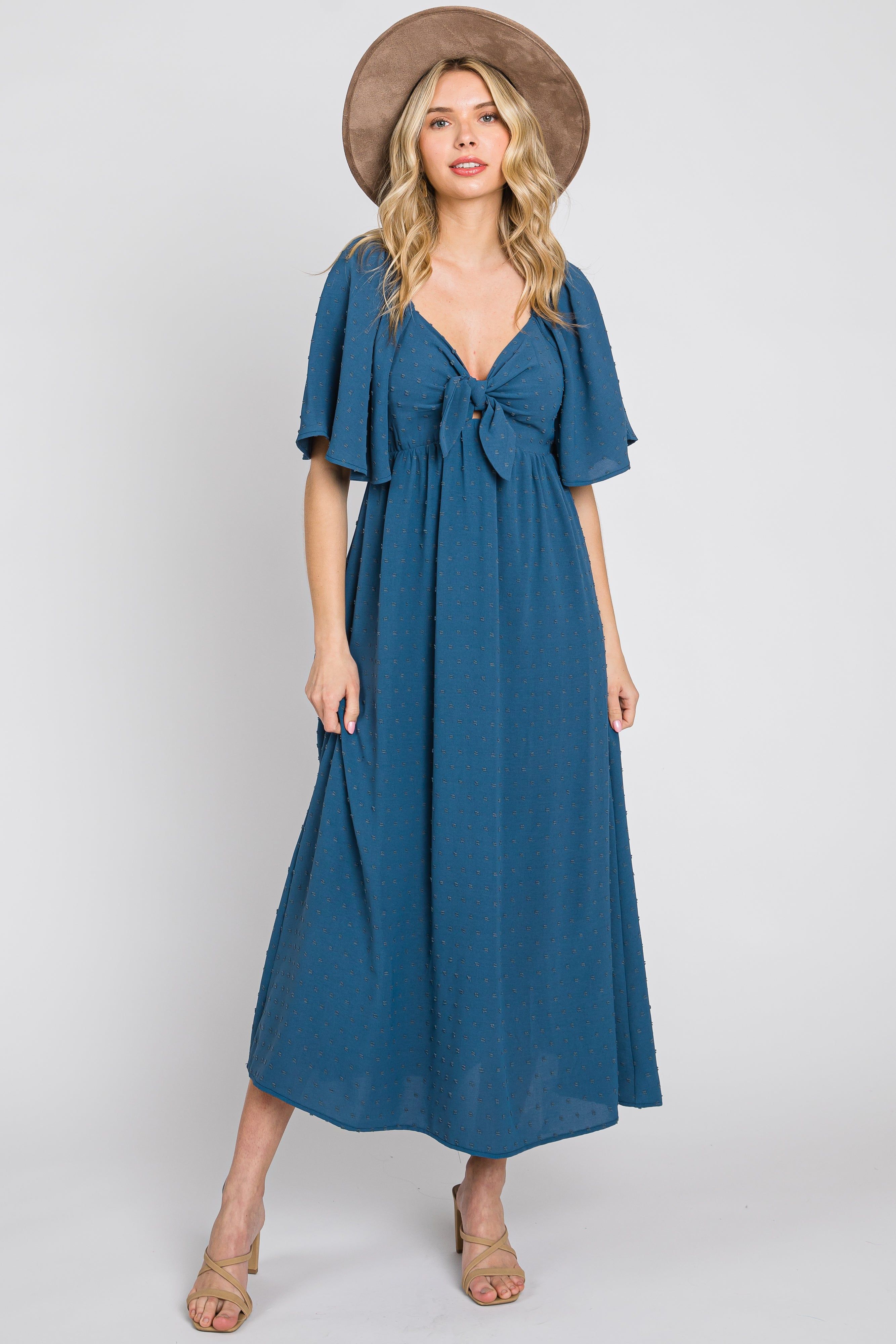 Navy Blue Textured Dot Front Tie Ruffle Sleeve Midi Dress sold by Pinkblush