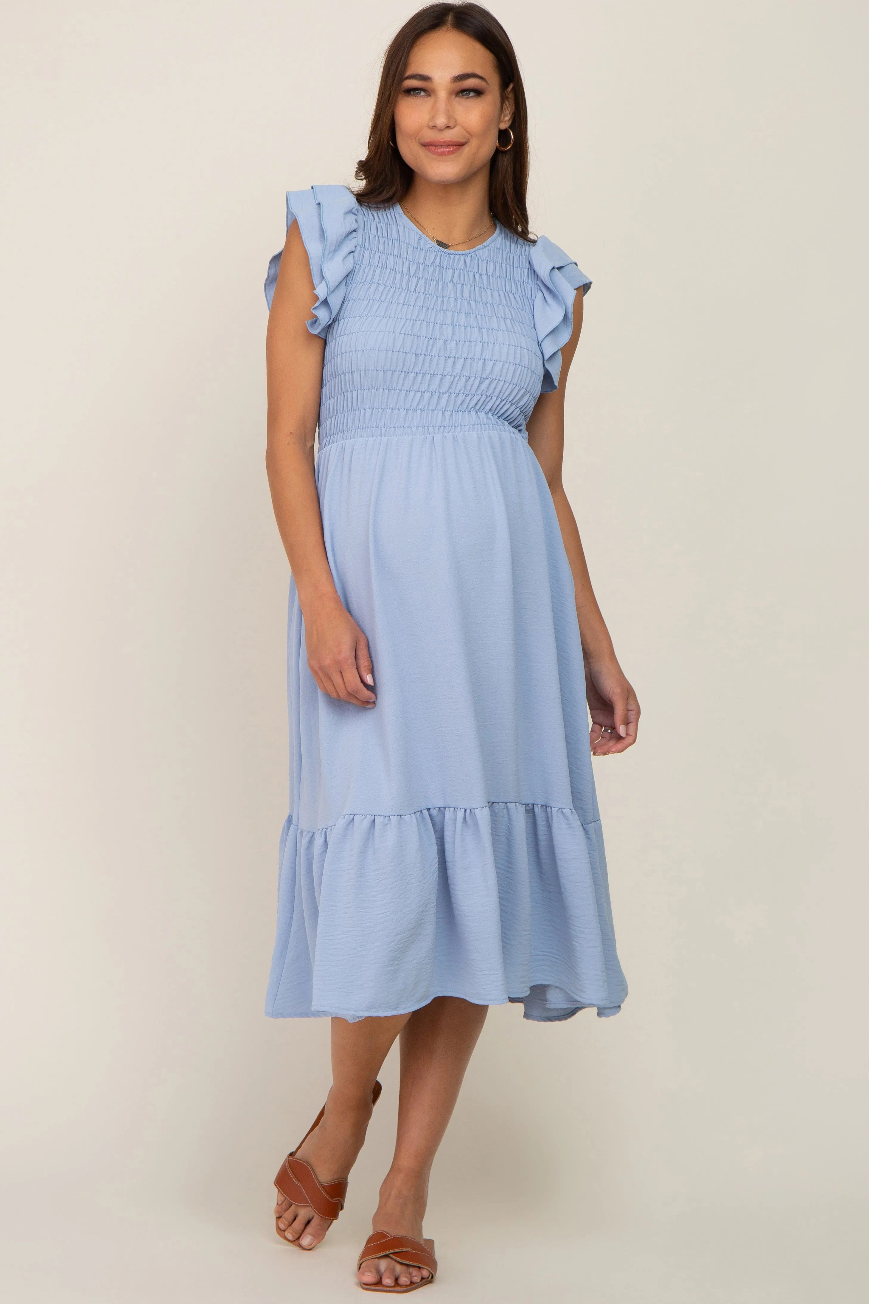 Light Blue Smocked Layered Ruffle Flutter Sleeve Maternity Midi Dress sold by Pinkblush product image thumbnail 2