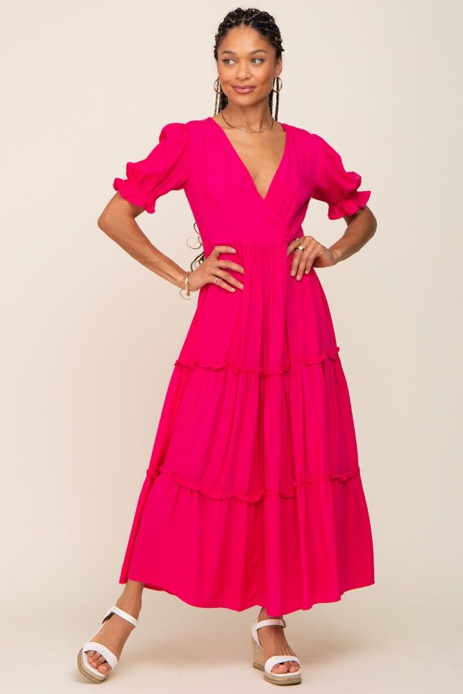 Fuchsia Wrap Front V-Neck Short Sleeve Tiered Maxi Dress sold by Pinkblush product image thumbnail 5
