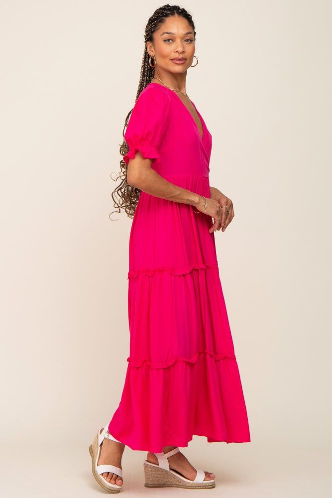 Fuchsia Wrap Front V-Neck Short Sleeve Tiered Maxi Dress sold by Pinkblush product image thumbnail 2