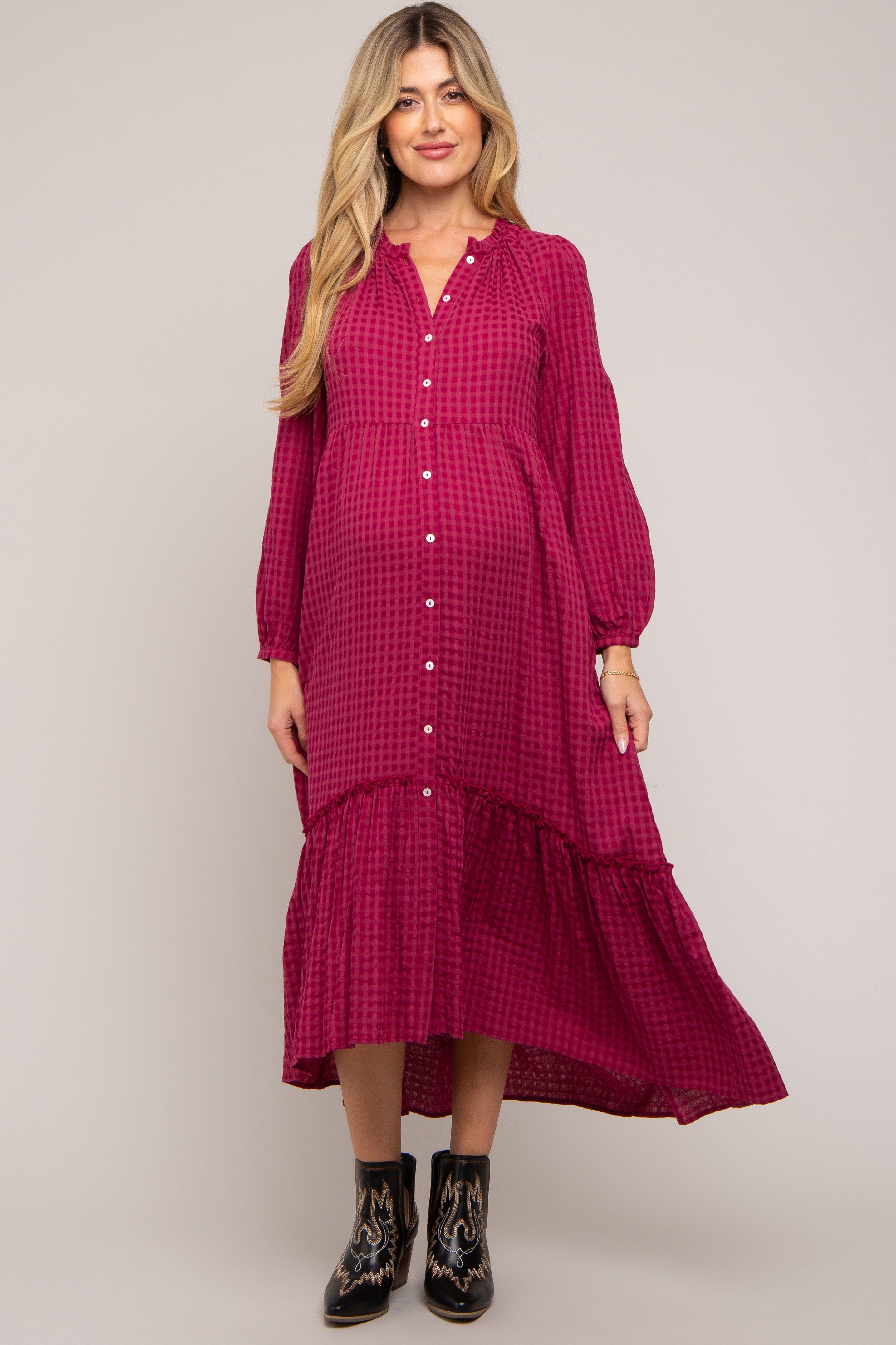 Magenta Gingham Button Maternity Midi Dress sold by Pinkblush product image thumbnail 5