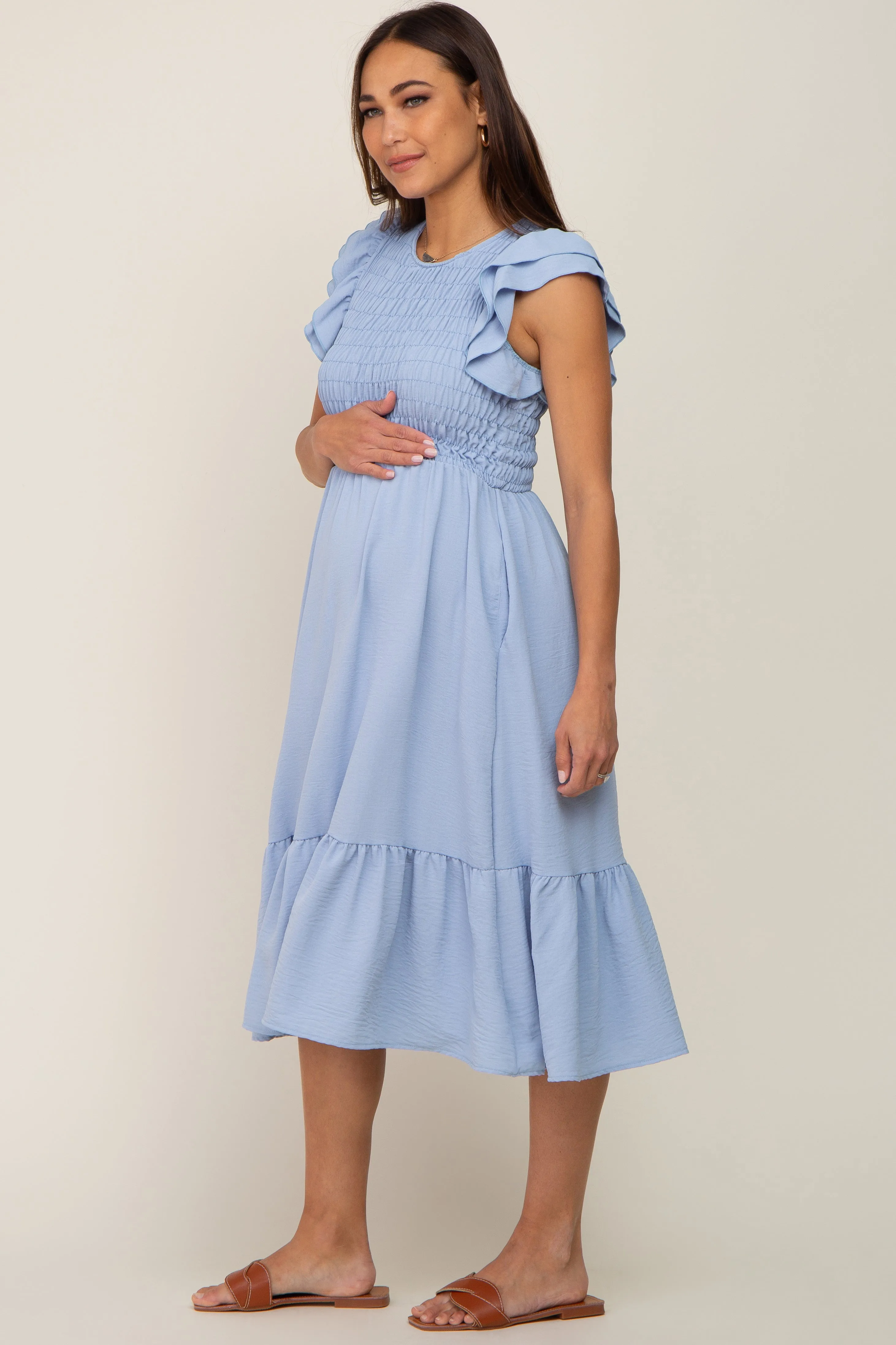 Light Blue Smocked Layered Ruffle Flutter Sleeve Maternity Midi Dress sold by Pinkblush product image thumbnail 3