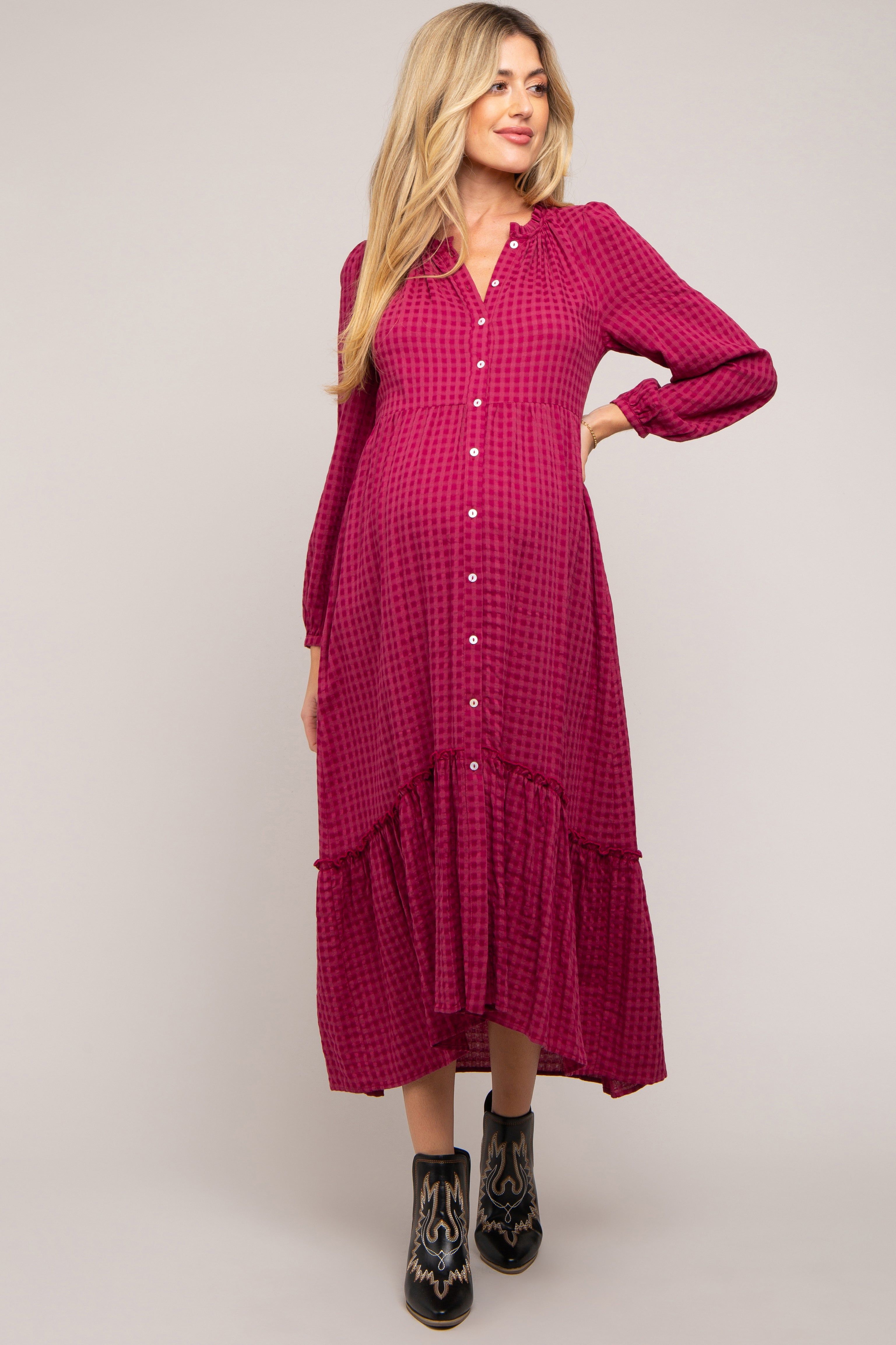 Magenta Gingham Button Maternity Midi Dress sold by Pinkblush product image thumbnail 2