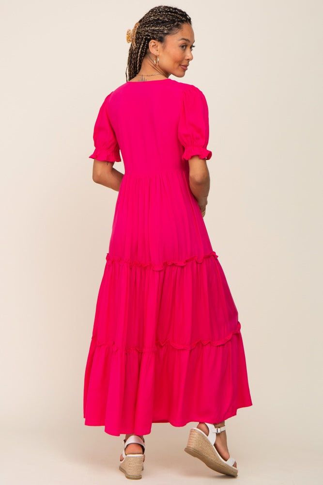 Fuchsia Wrap Front V-Neck Short Sleeve Tiered Maxi Dress sold by Pinkblush product image thumbnail 3