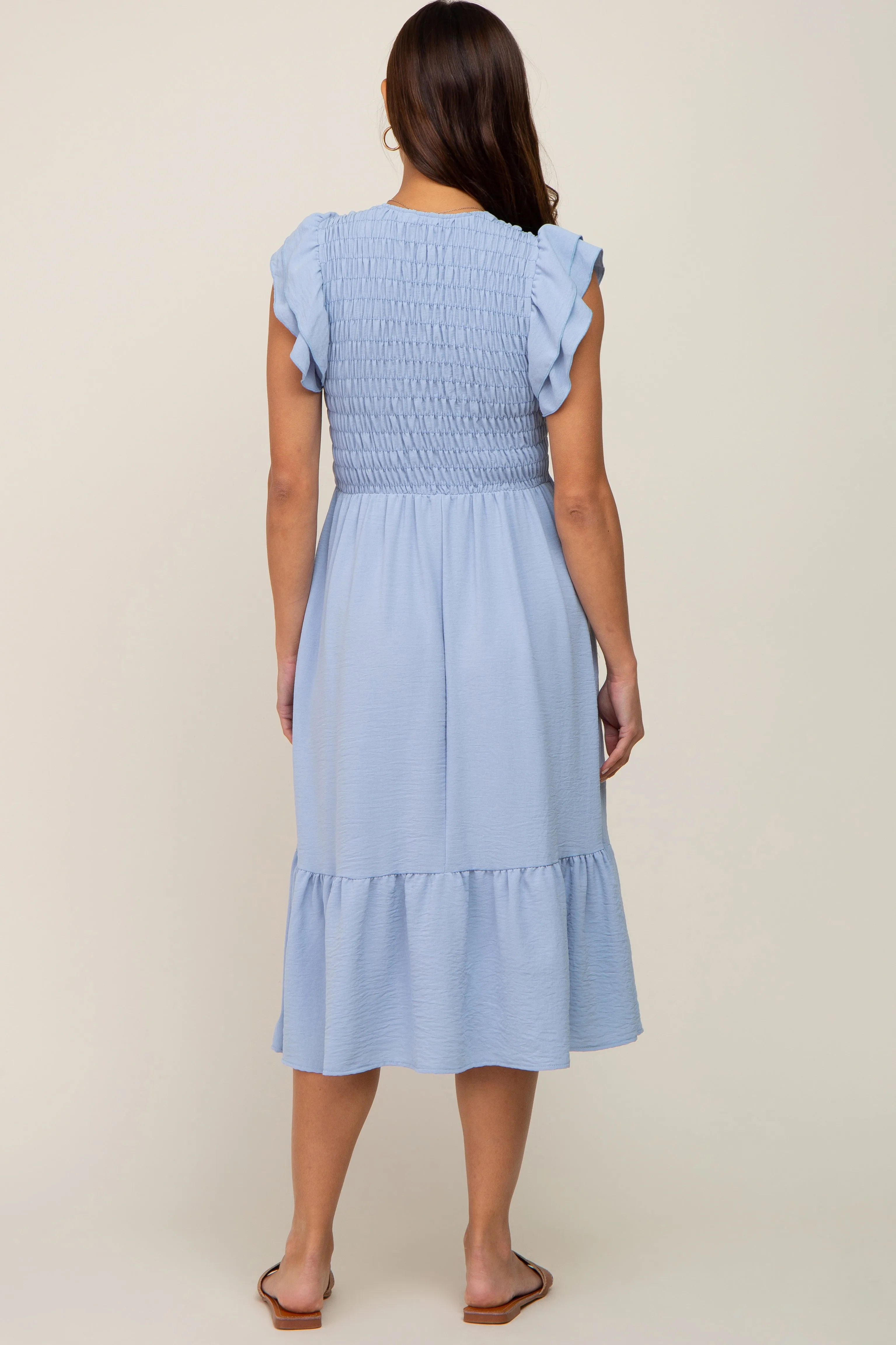 Light Blue Smocked Layered Ruffle Flutter Sleeve Maternity Midi Dress sold by Pinkblush product image thumbnail 4