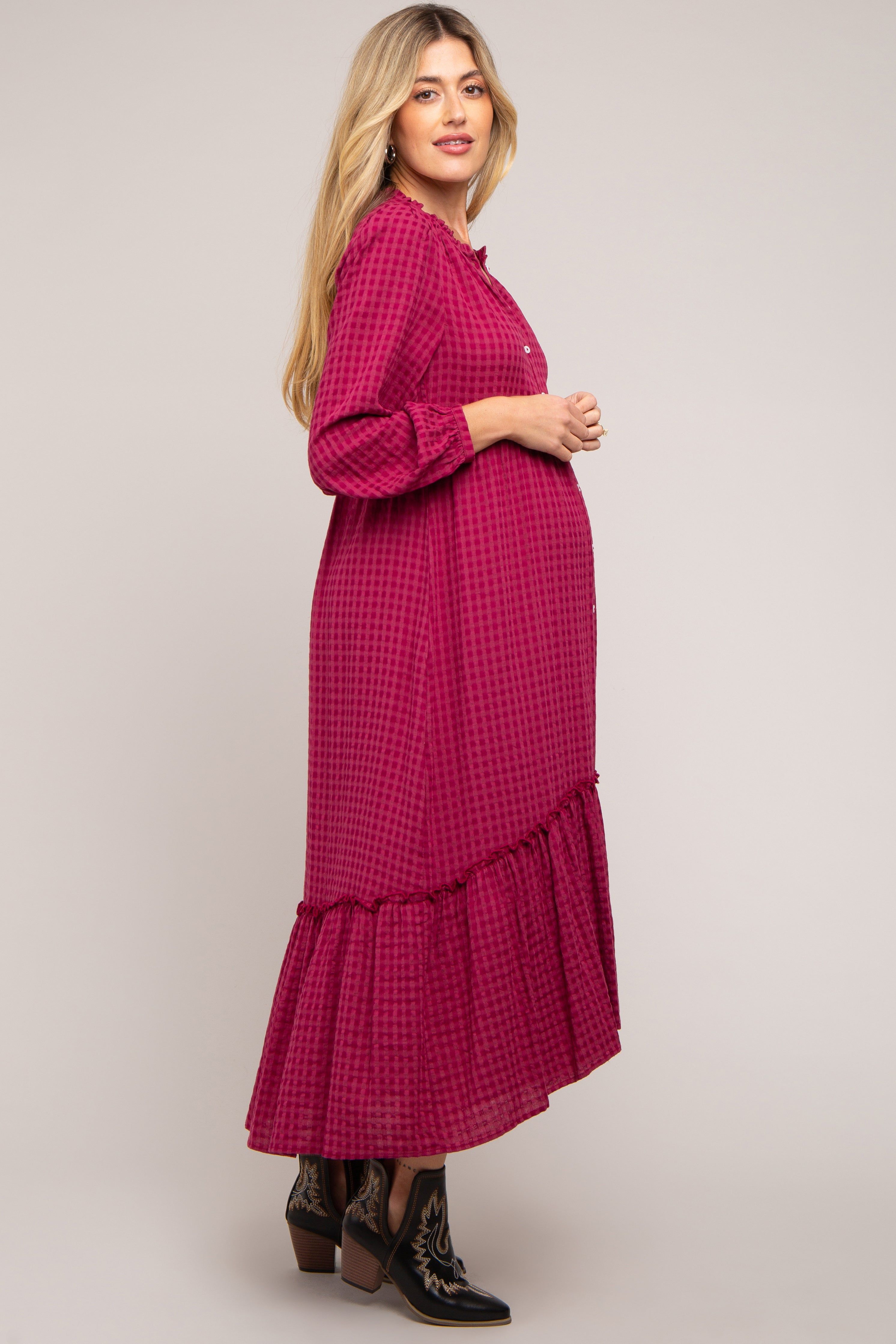 Magenta Gingham Button Maternity Midi Dress sold by Pinkblush product image thumbnail 3