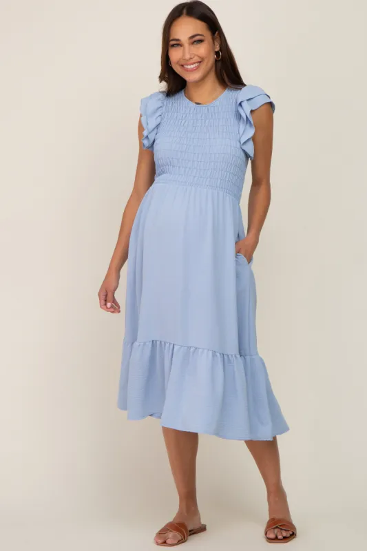 Light Blue Smocked Layered Ruffle Flutter Sleeve Maternity Midi Dress sold by Pinkblush