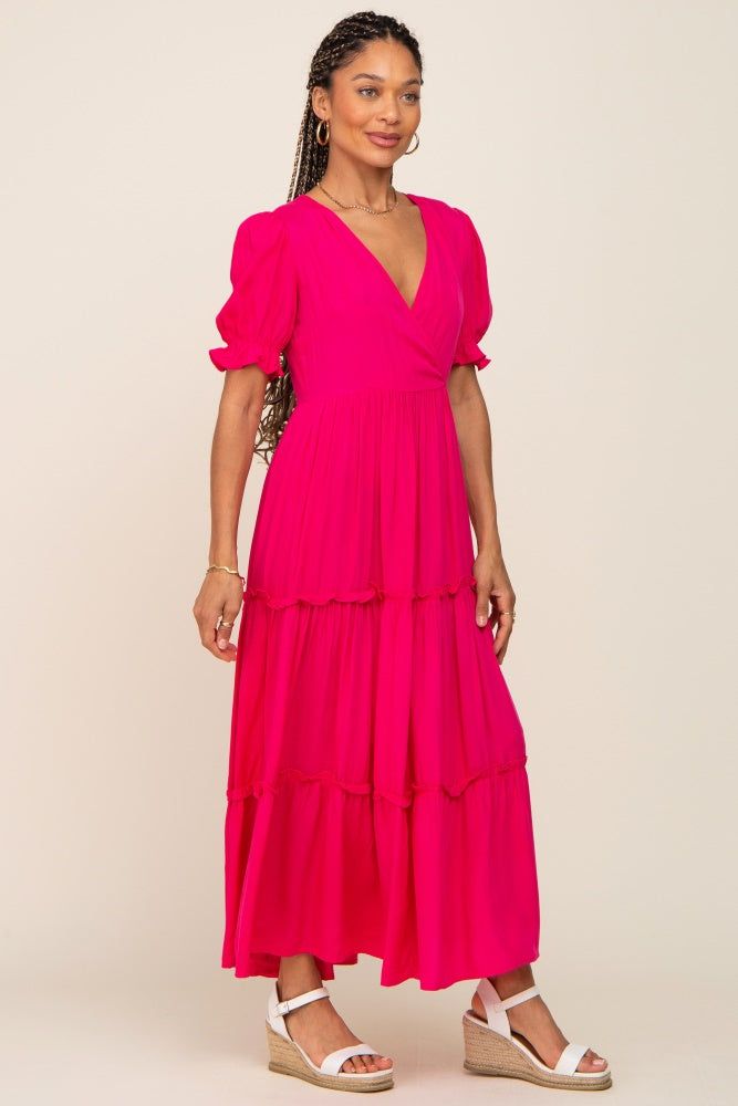 Fuchsia Wrap Front V-Neck Short Sleeve Tiered Maxi Dress sold by Pinkblush product image thumbnail 4