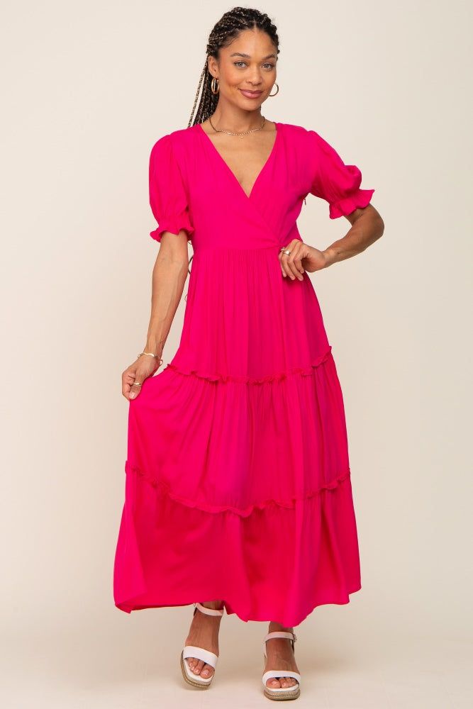 Fuchsia Wrap Front V-Neck Short Sleeve Tiered Maxi Dress sold by Pinkblush