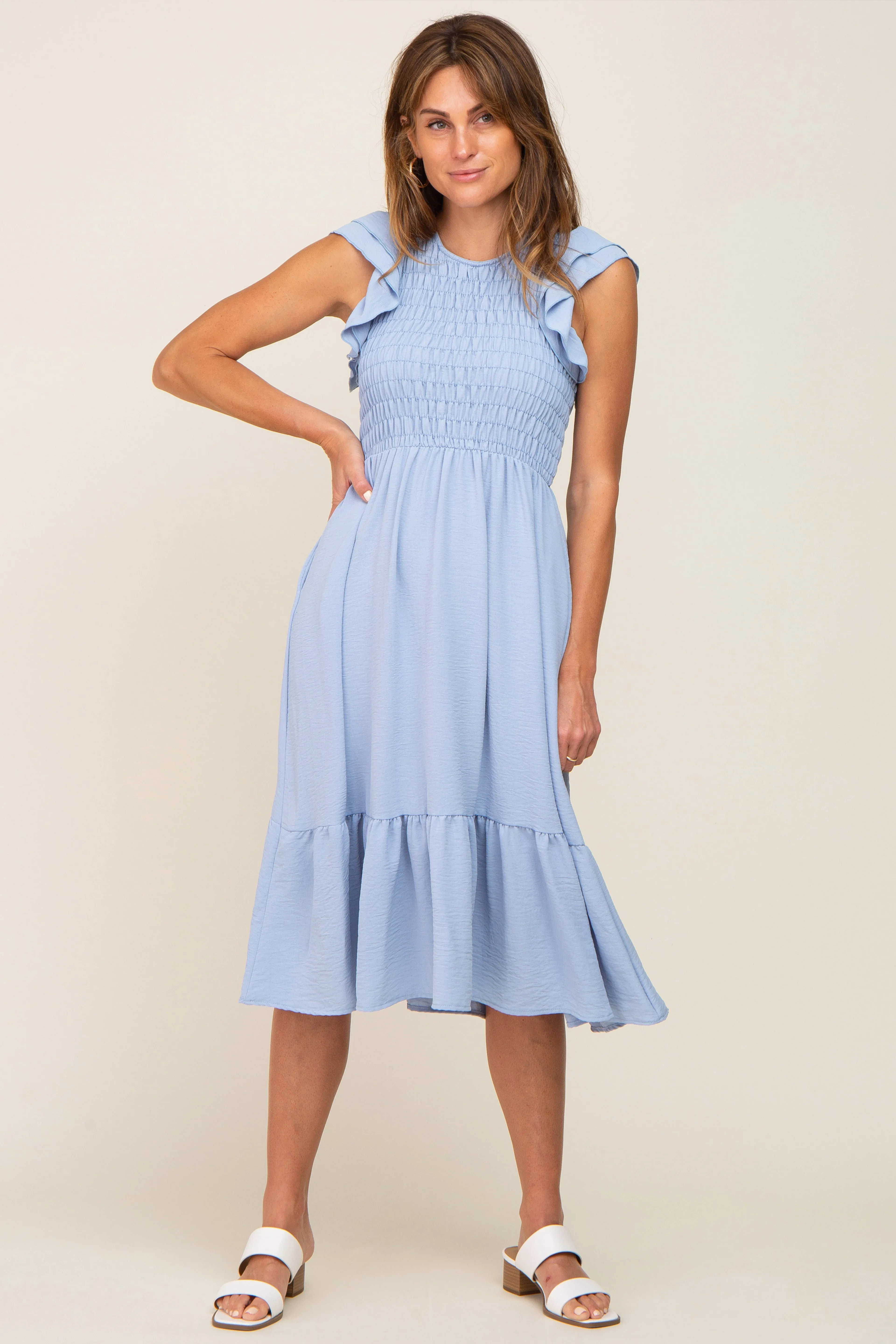 Light Blue Smocked Layered Ruffle Flutter Sleeve Maternity Midi Dress sold by Pinkblush product image thumbnail 5