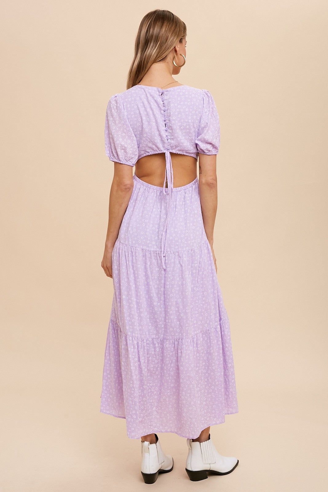Lavender Floral Open Back Tiered Midi Dress sold by Pinkblush product image thumbnail 4