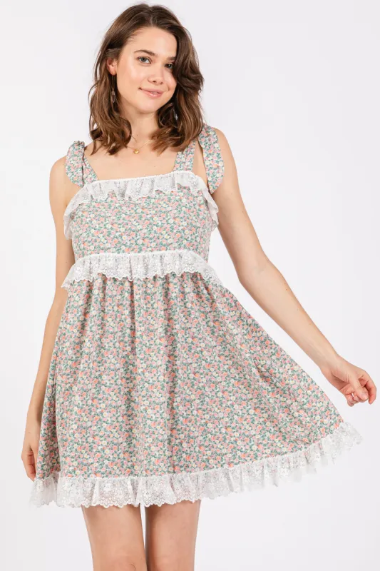 Light Olive Floral Square Neck Shoulder Tie Lace Trim Dress sold by Pinkblush