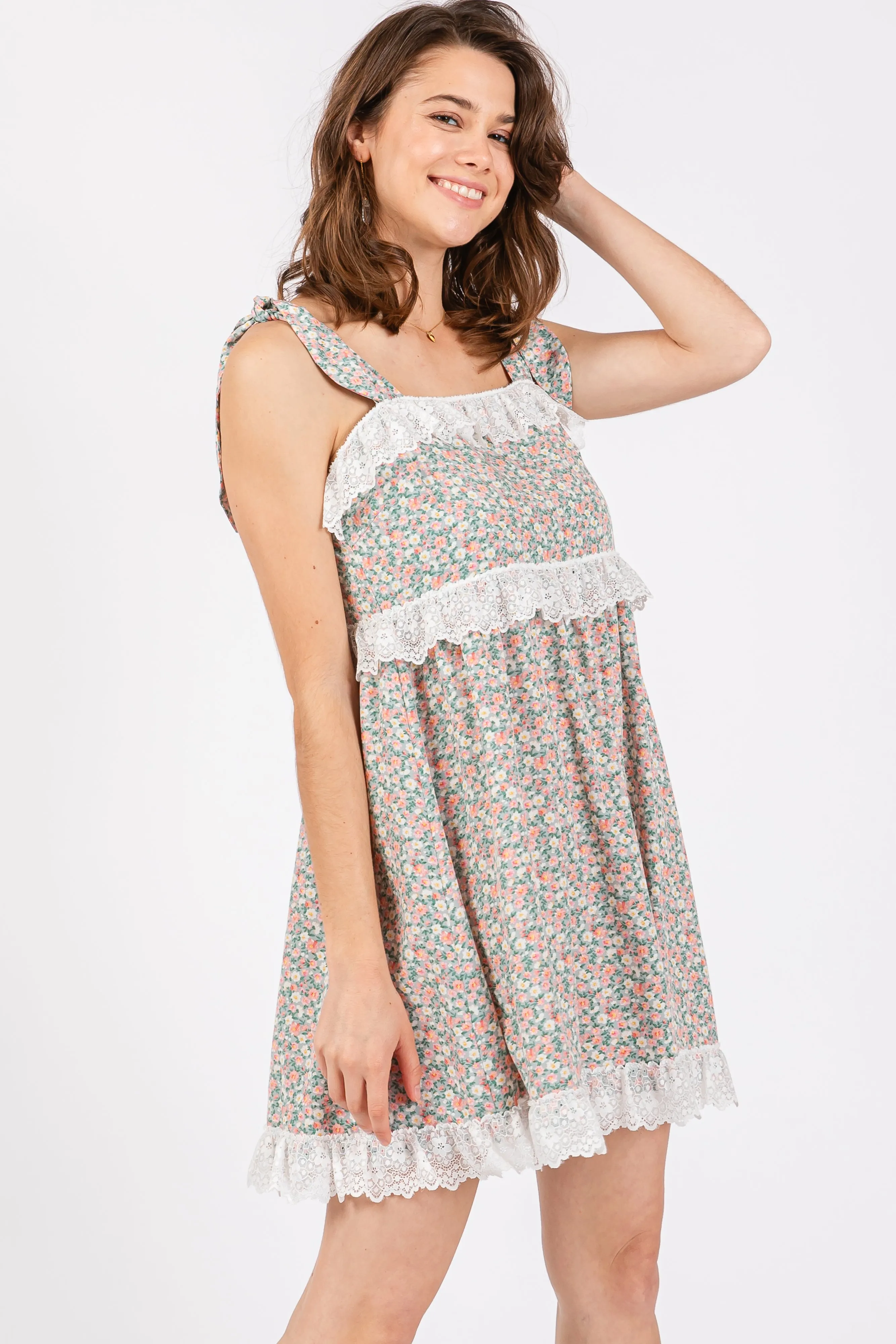 Light Olive Floral Square Neck Shoulder Tie Lace Trim Dress sold by Pinkblush product image thumbnail 2