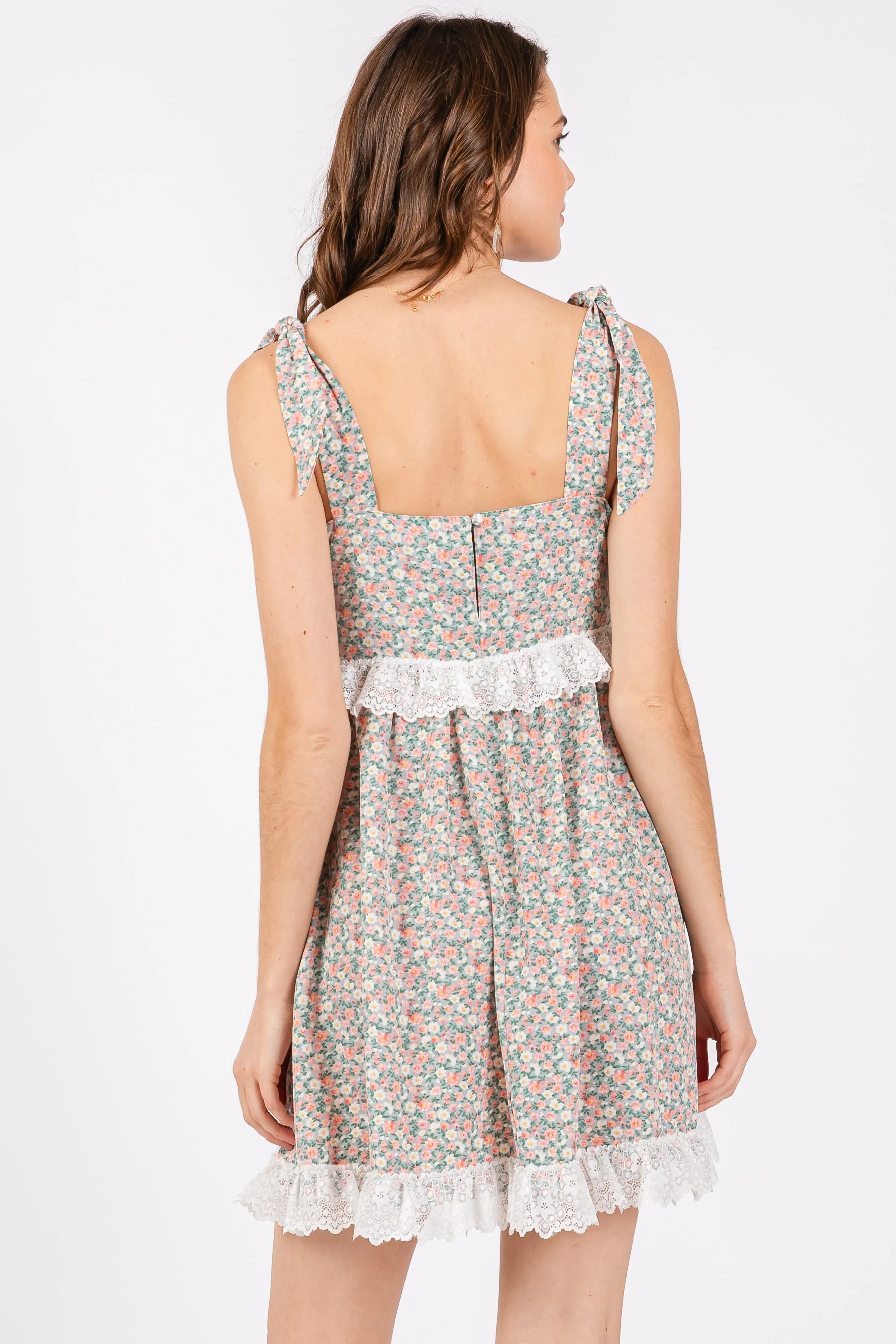 Light Olive Floral Square Neck Shoulder Tie Lace Trim Dress sold by Pinkblush product image thumbnail 3