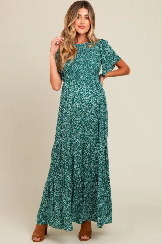 Deep Teal Floral Smocked Flutter Sleeve Maternity Maxi Dress sold by Pinkblush