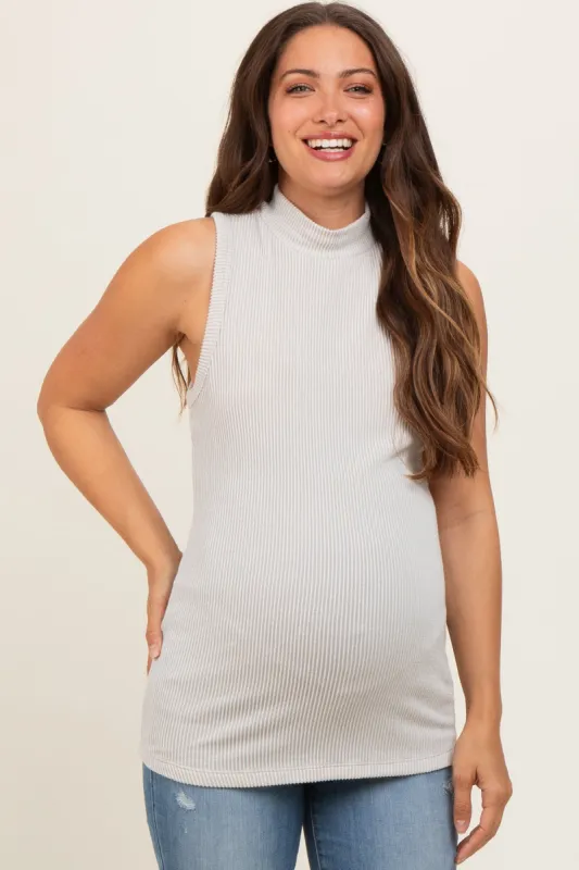 Cream Ribbed Mock Neck Sleeveless Maternity Top sold by Pinkblush