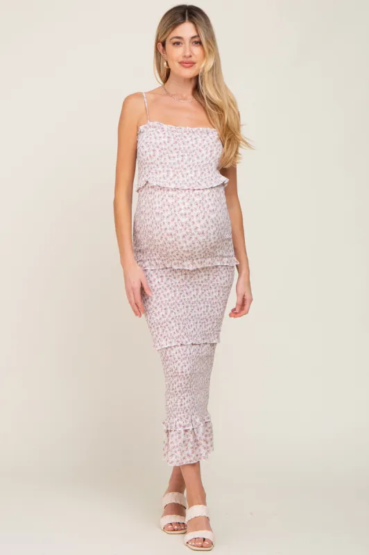 Pink Floral Chiffon Smocked Tiered Square Neck Maternity Midi Dress sold by Pinkblush