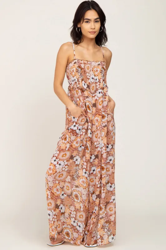Camel Floral Sleeveless Jumpsuit sold by Pinkblush