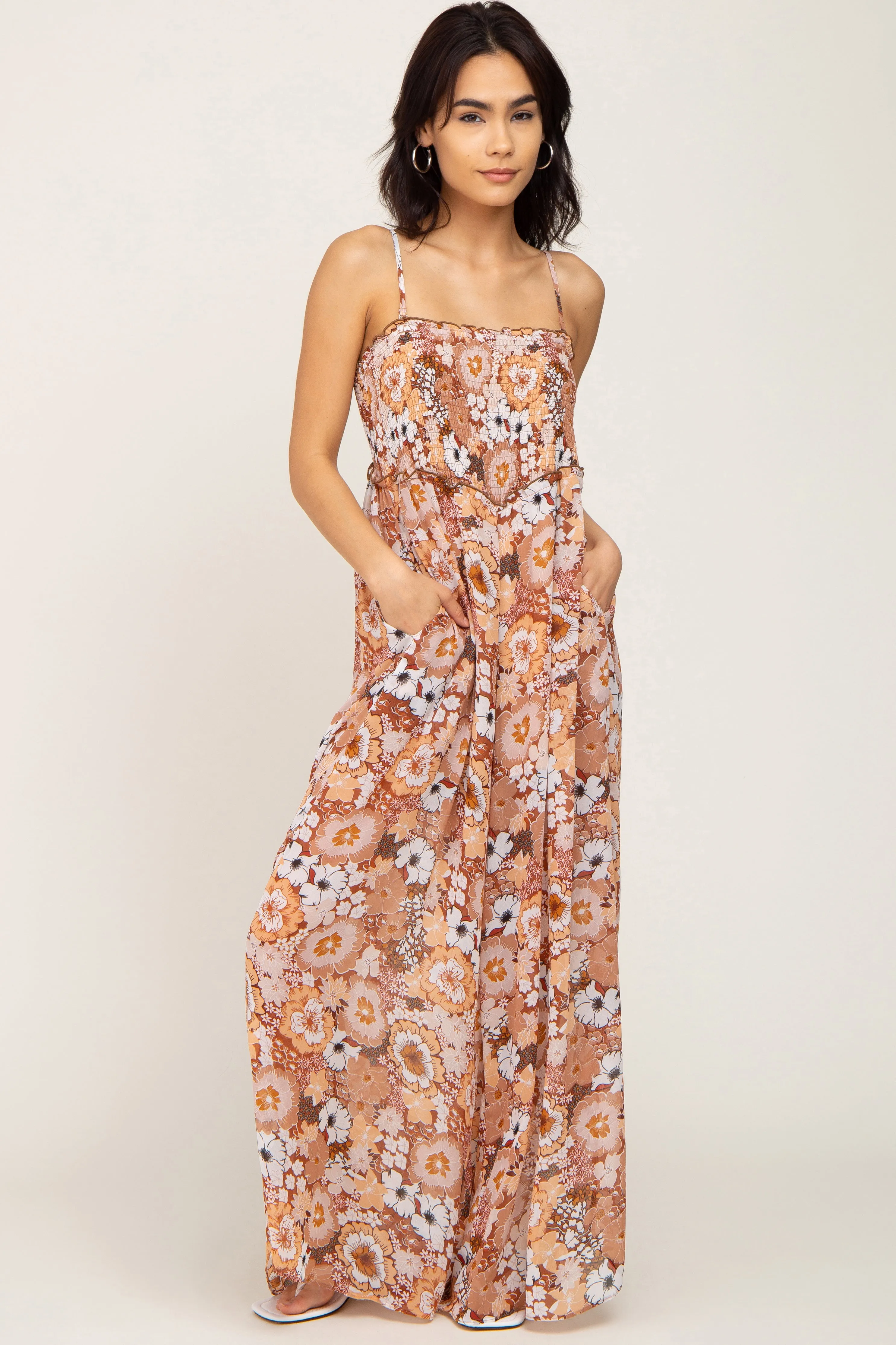 Camel Floral Sleeveless Jumpsuit sold by Pinkblush