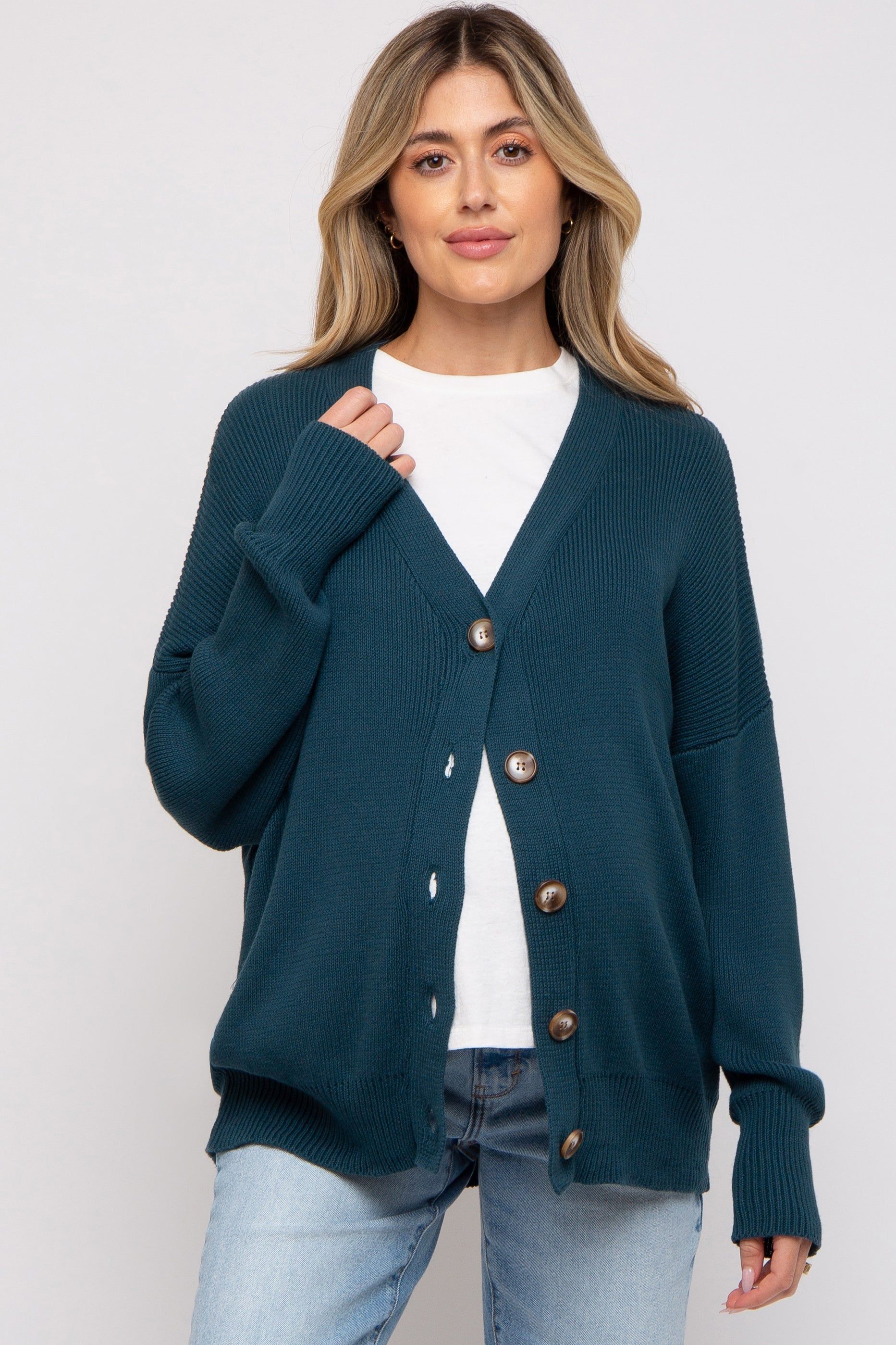 Dark Teal Basic Ribbed Maternity Cardigan Sweater sold by Pinkblush