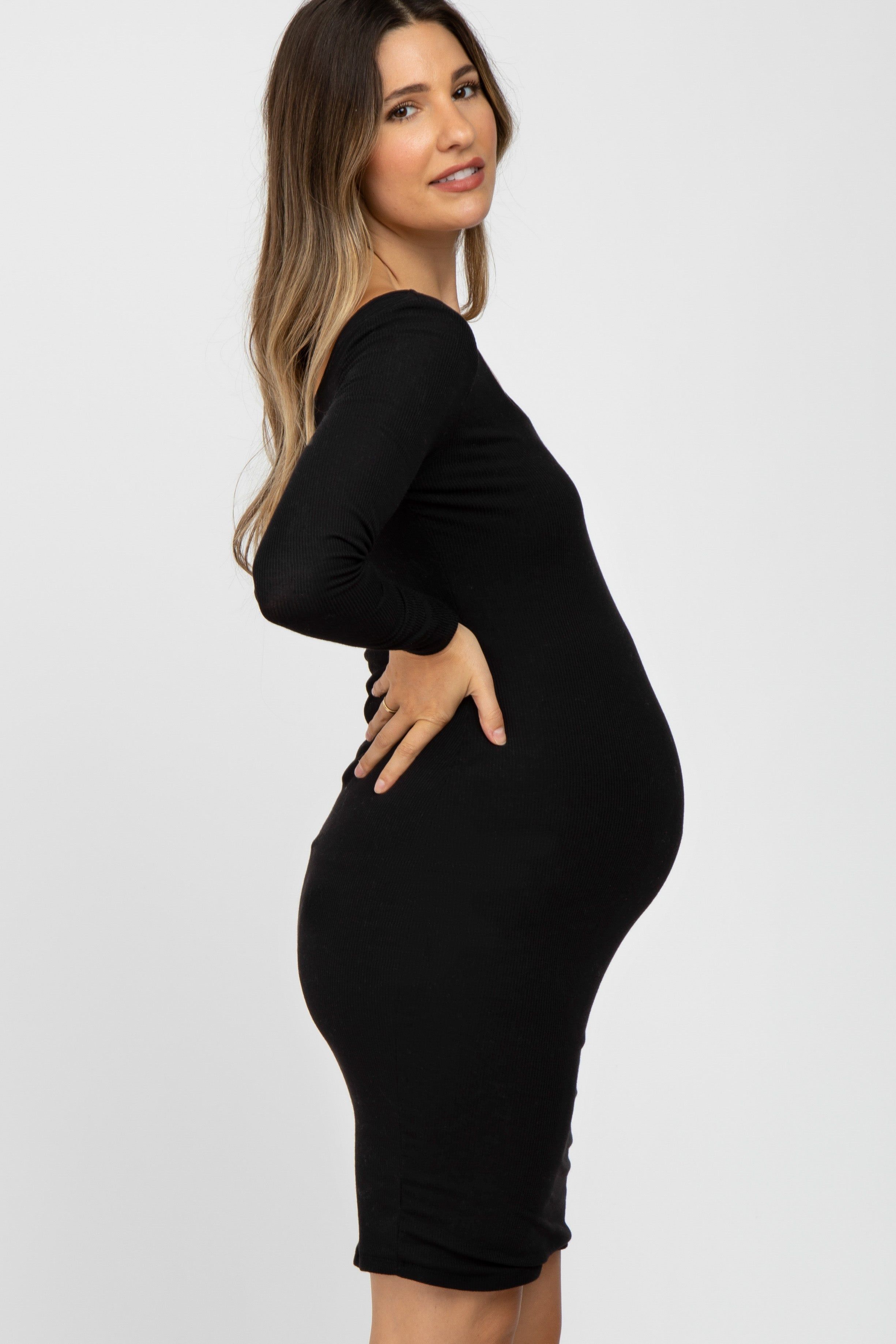 Black Ribbed Fitted Long Sleeve Maternity Dress sold by Pinkblush product image thumbnail 3