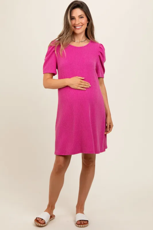 Fuchsia Washed Ribbed Puff Sleeve Maternity Dress sold by Pinkblush