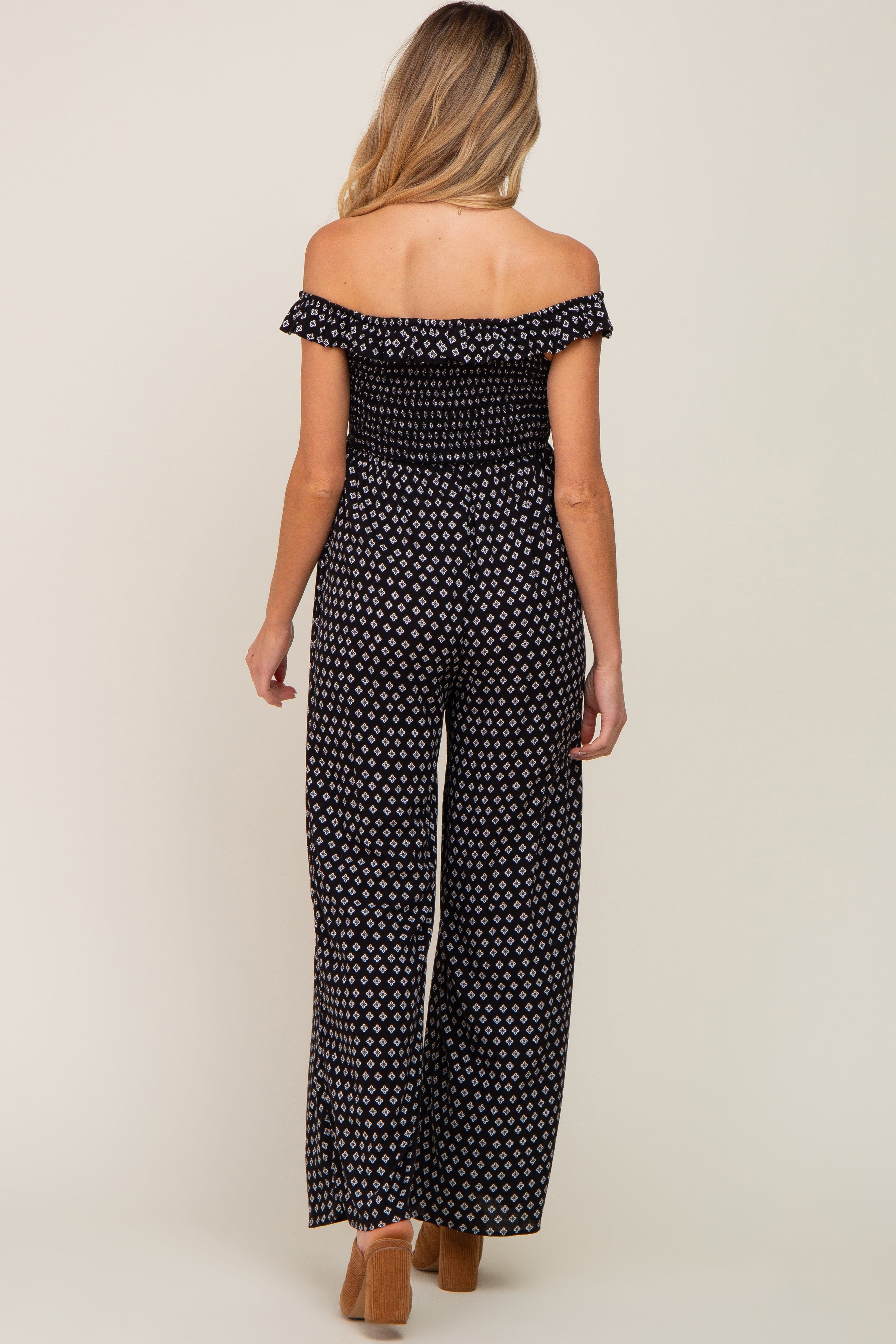 Black Smocked Off Shoulder Maternity Jumpsuit sold by Pinkblush product image thumbnail 4