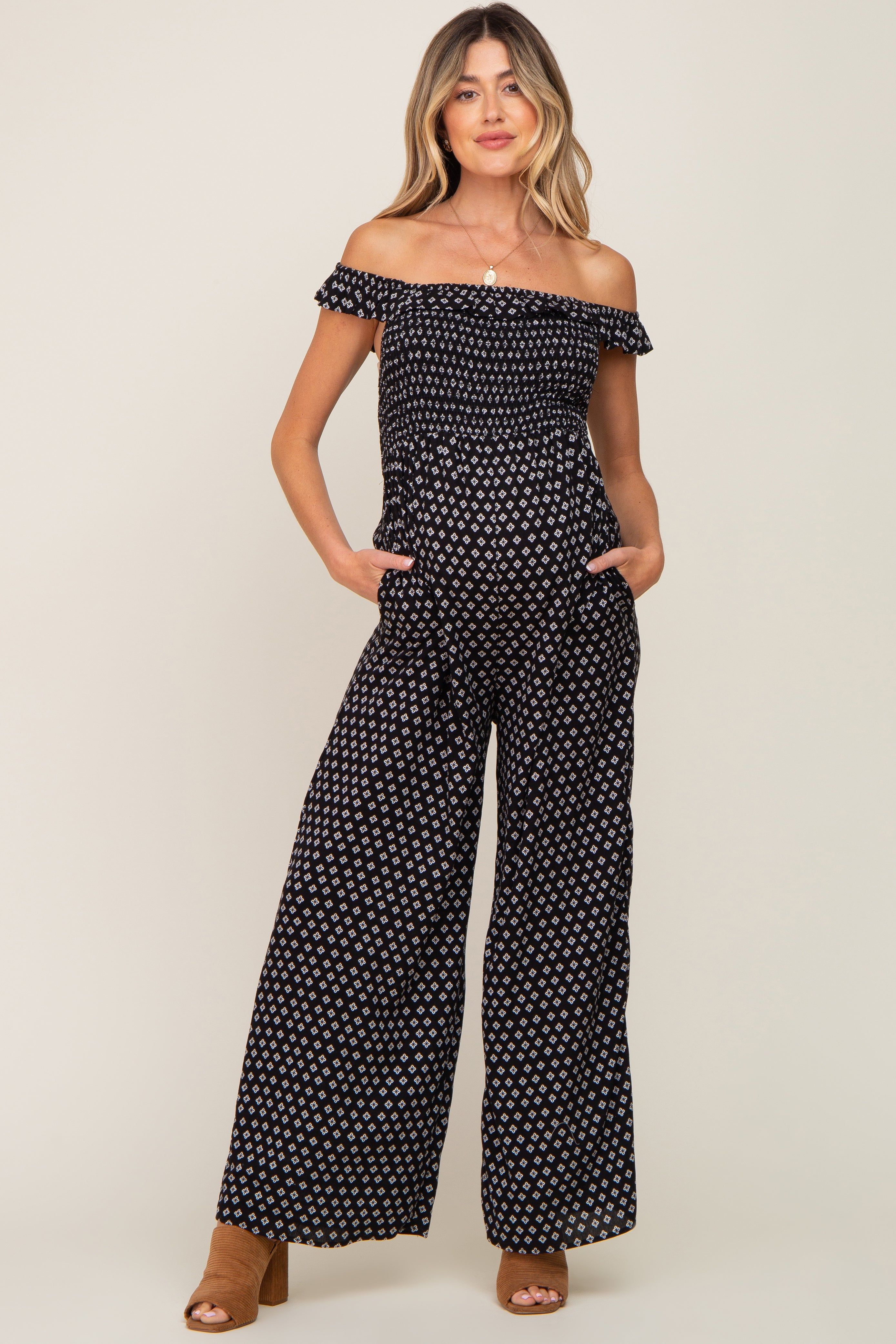 Black Smocked Off Shoulder Maternity Jumpsuit sold by Pinkblush