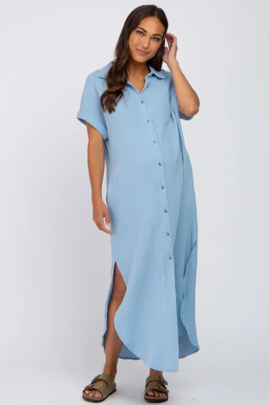 Light Blue Button Down Maternity Midi Dress sold by Pinkblush