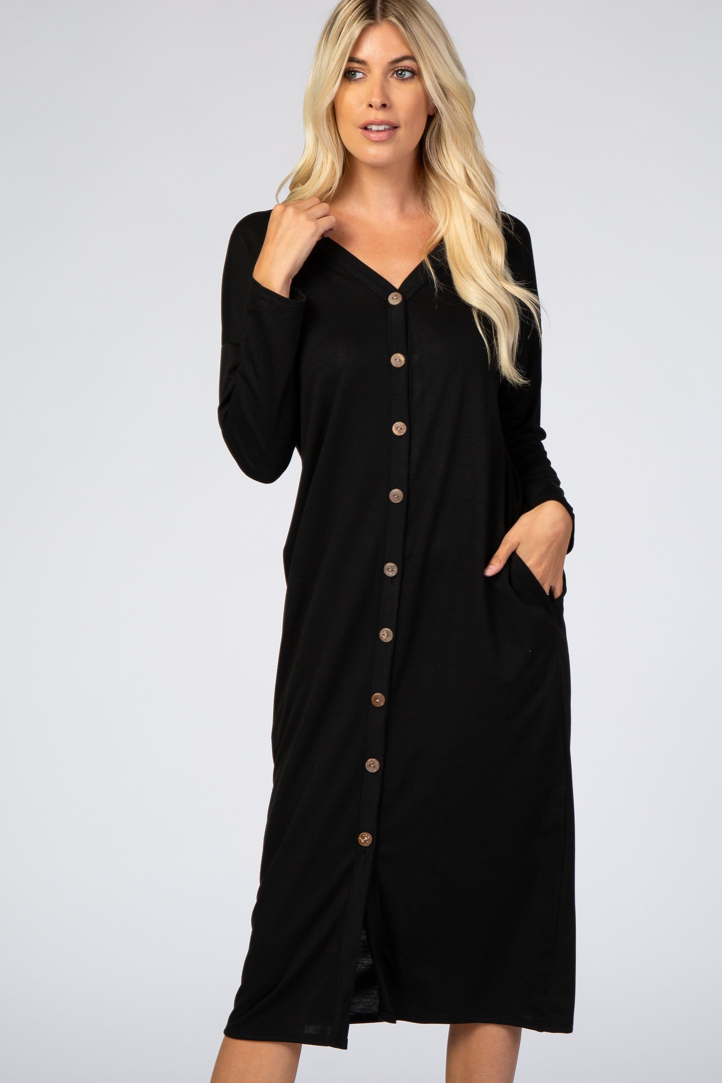 Black Button Down Long Sleeve Midi Dress sold by Pinkblush product image thumbnail 2