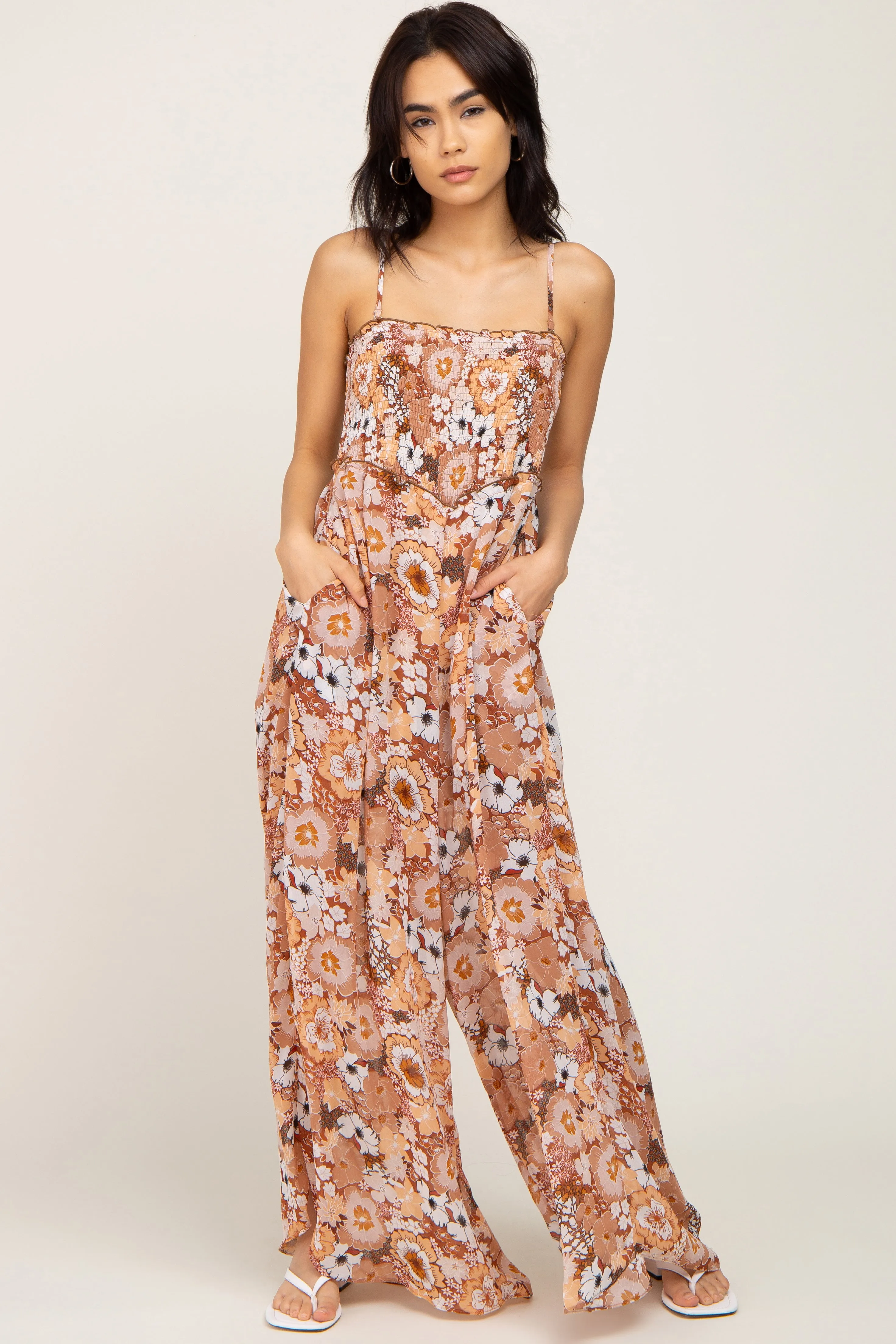 Camel Floral Sleeveless Jumpsuit sold by Pinkblush product image thumbnail 5