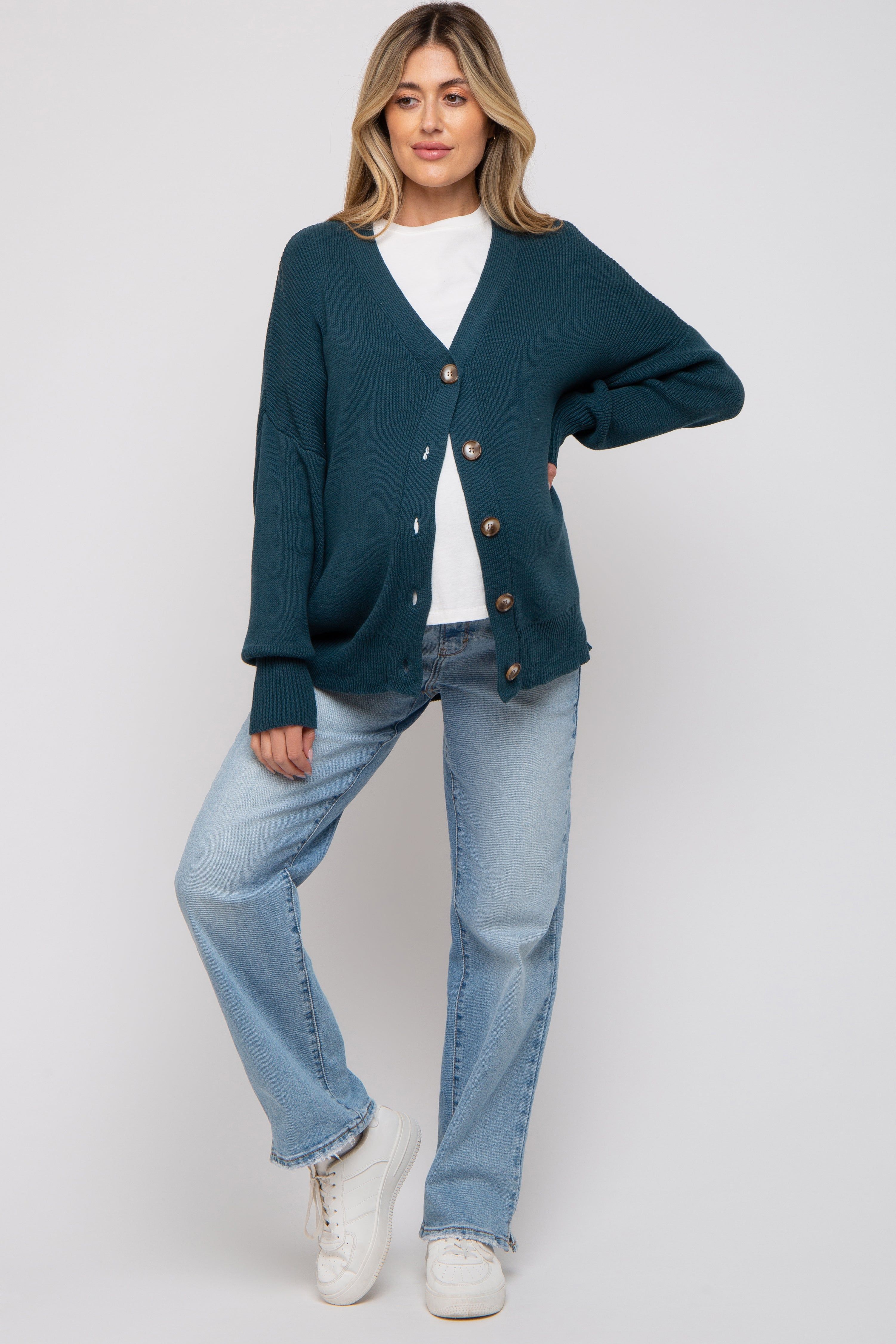 Dark Teal Basic Ribbed Maternity Cardigan Sweater sold by Pinkblush product image thumbnail 5