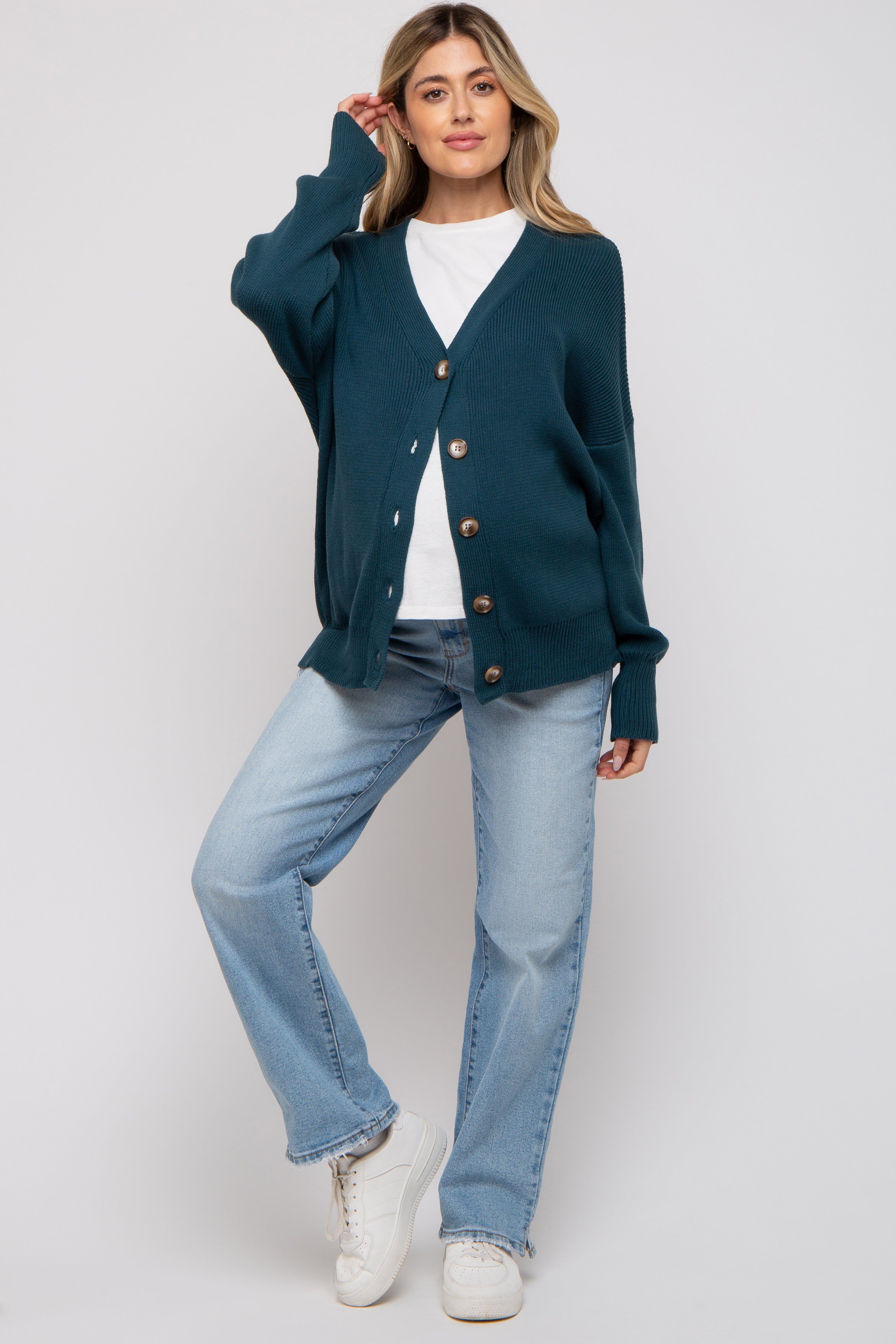 Dark Teal Basic Ribbed Maternity Cardigan Sweater sold by Pinkblush product image thumbnail 2